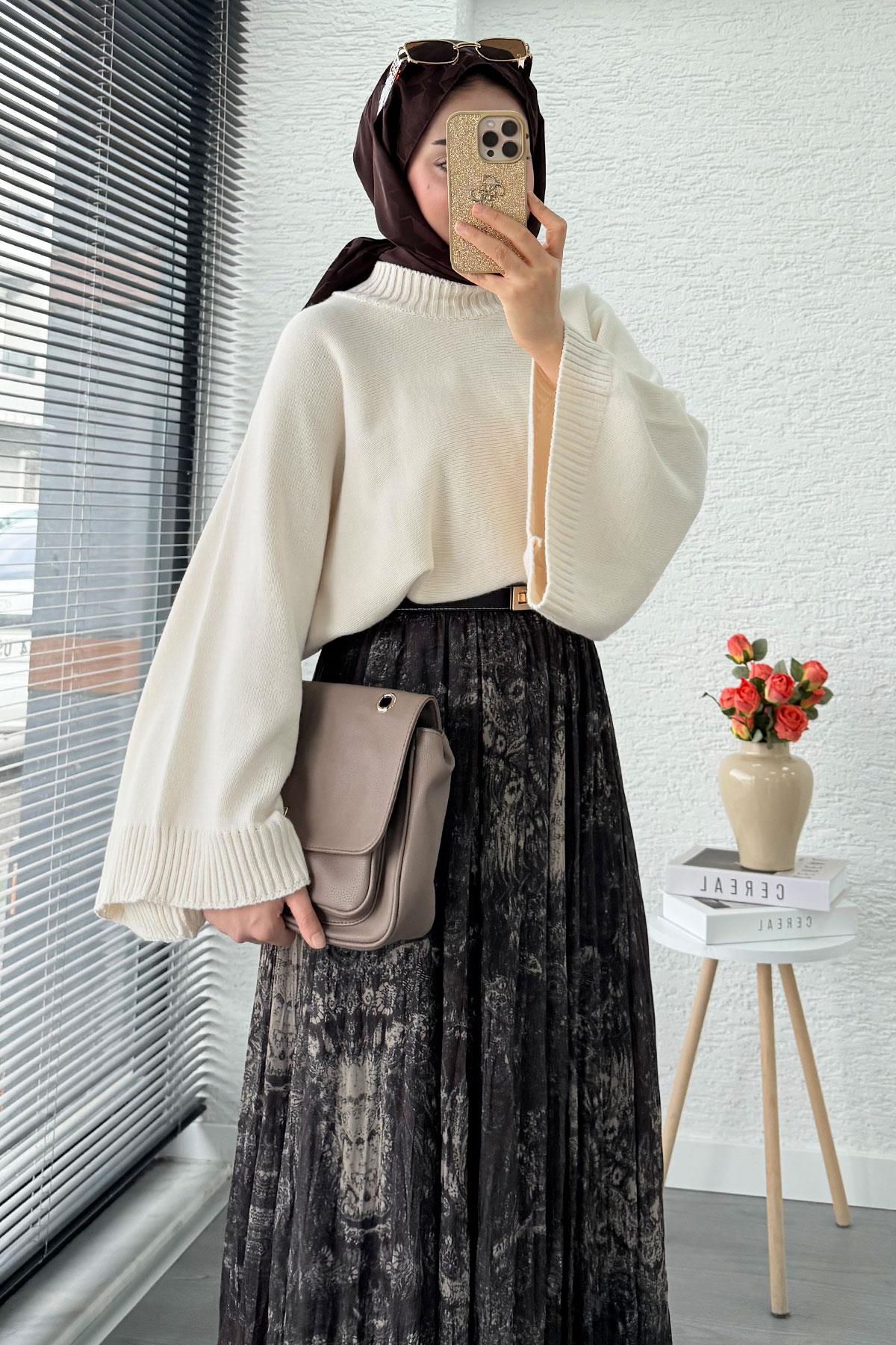 Asimetrik Kesim Astarlı Tül Midi Boy Etek - Kahverengi