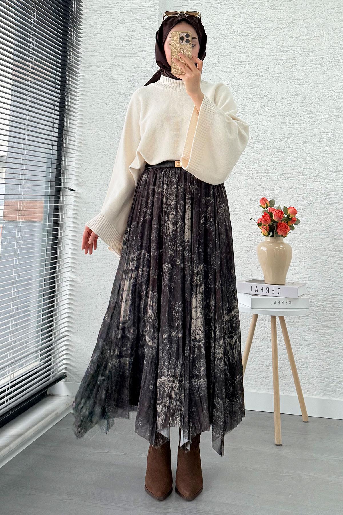 Asimetrik Kesim Astarlı Tül Midi Boy Etek - Kahverengi