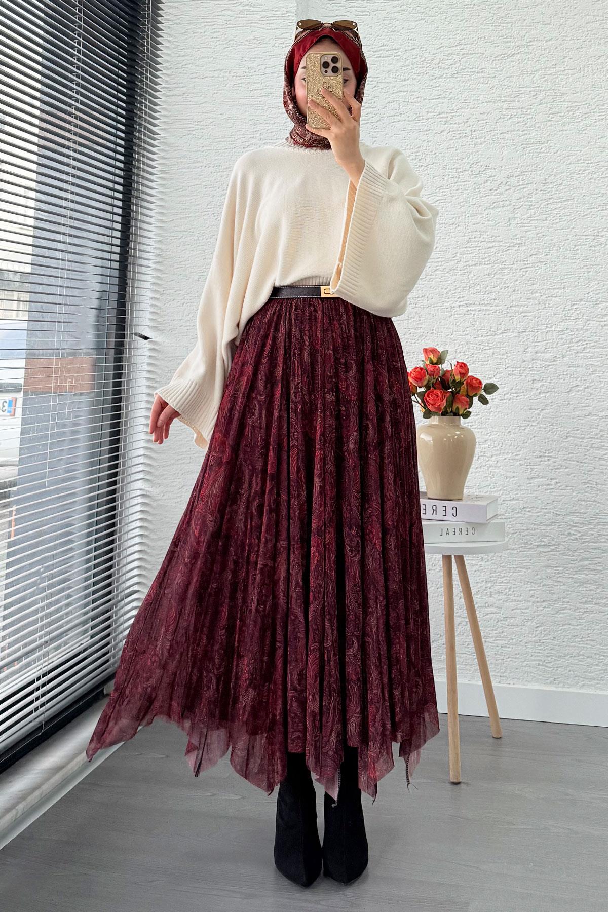 Asimetrik Kesim Astarlı Tül Midi Boy Etek - Bordo