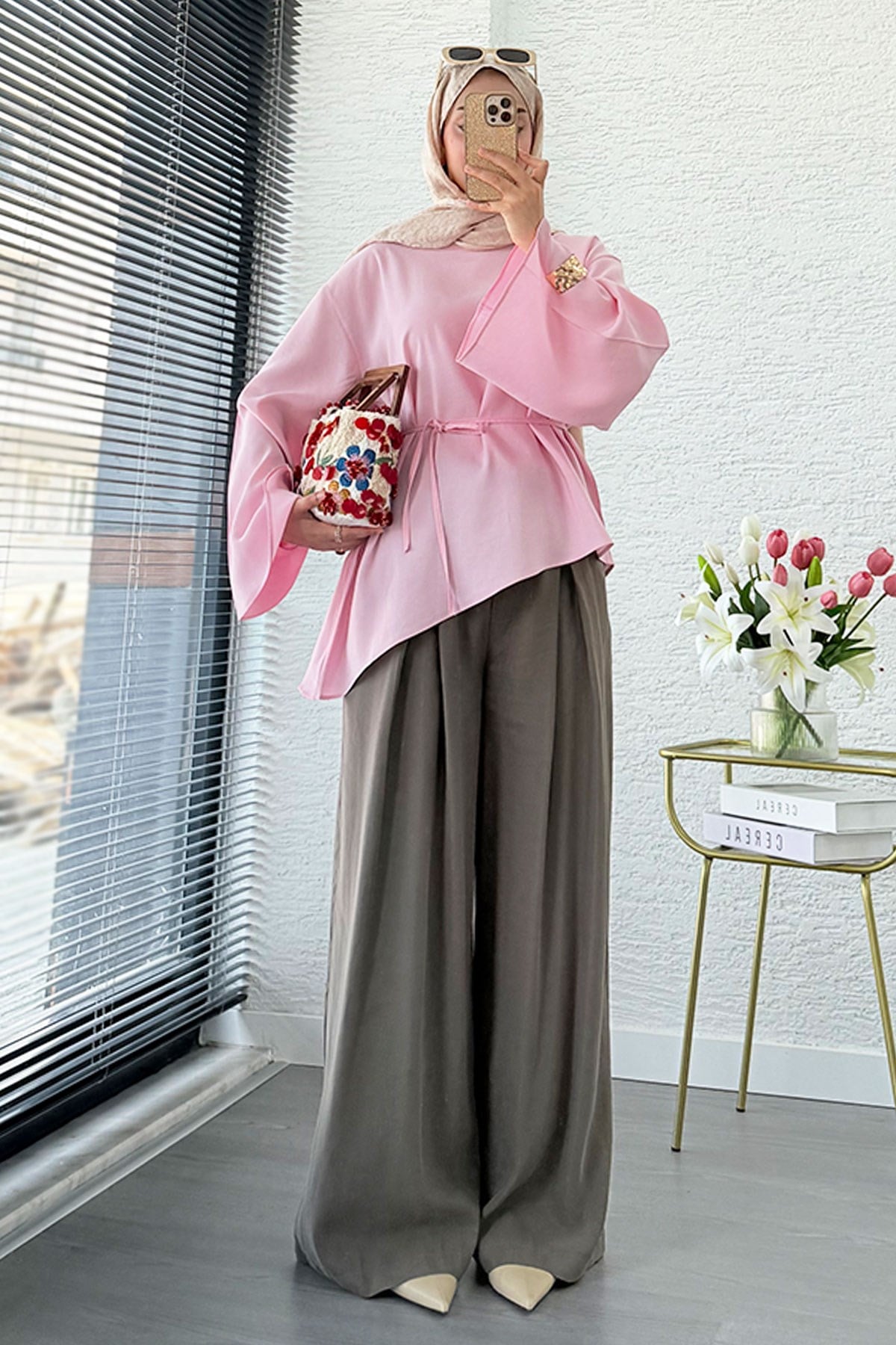 Asimetrik Kesim Volan Kol Modal Bluz – Pembe