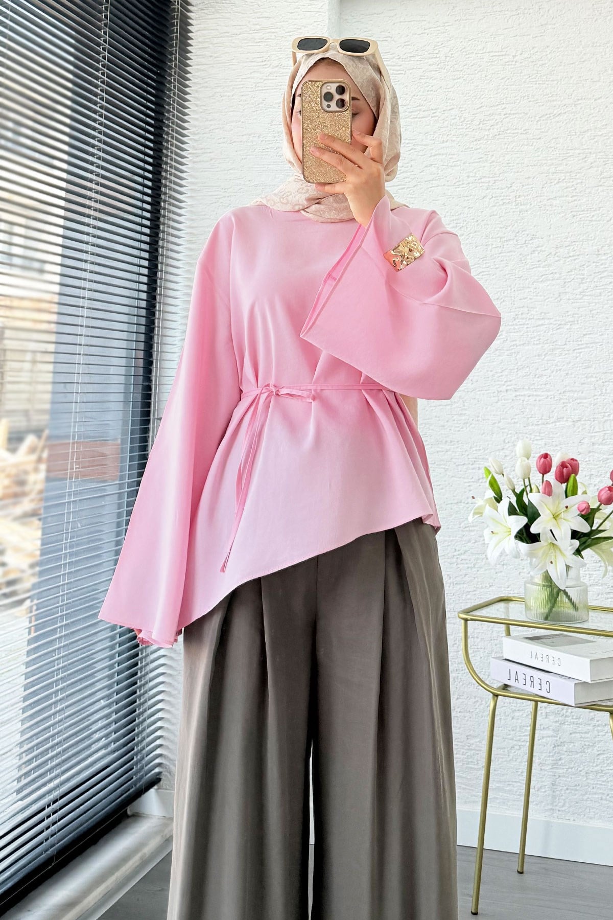 Asimetrik Kesim Volan Kol Modal Bluz – Pembe