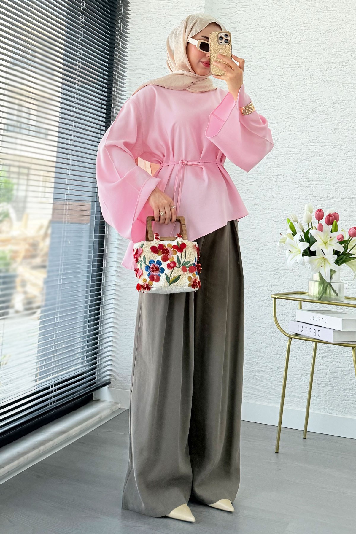 Asimetrik Kesim Volan Kol Modal Bluz – Pembe