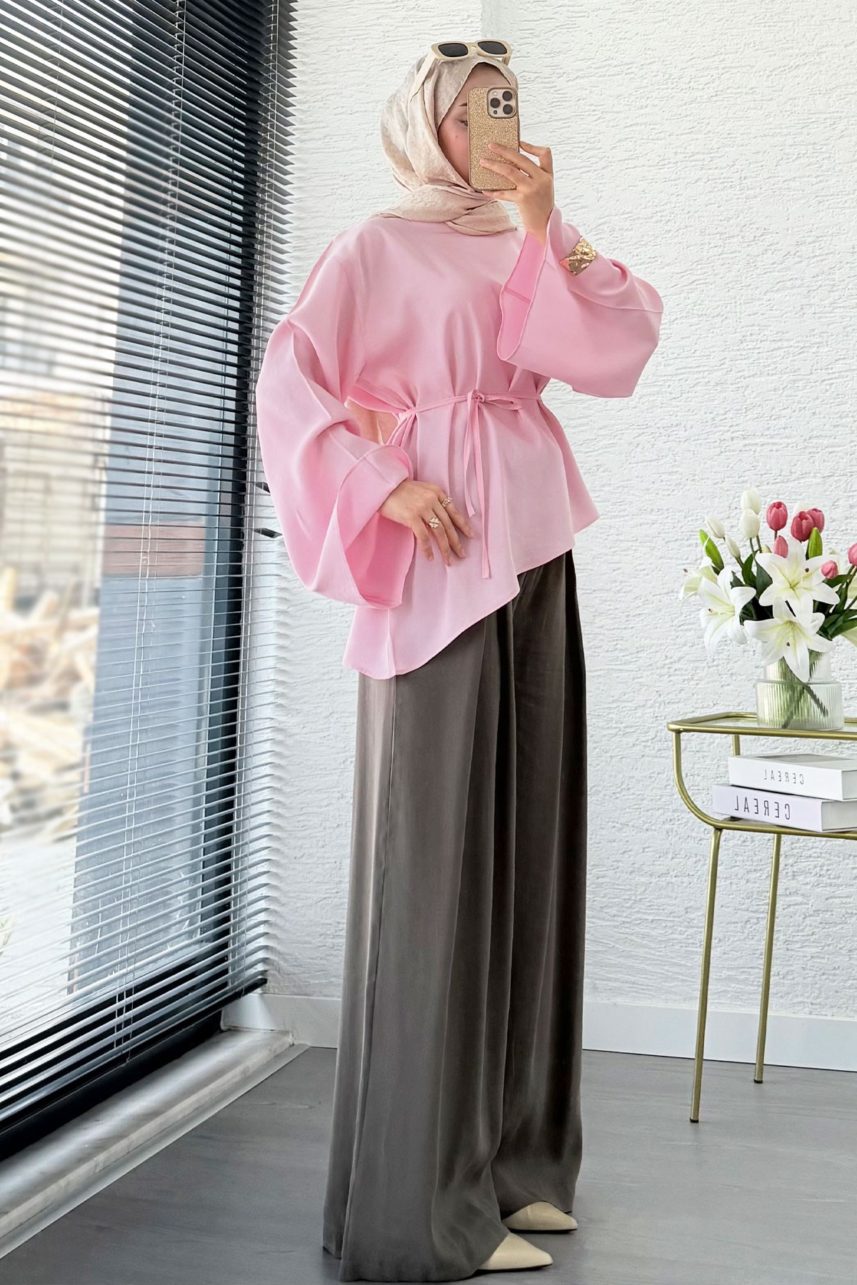 Asimetrik Kesim Volan Kol Modal Bluz – Pembe