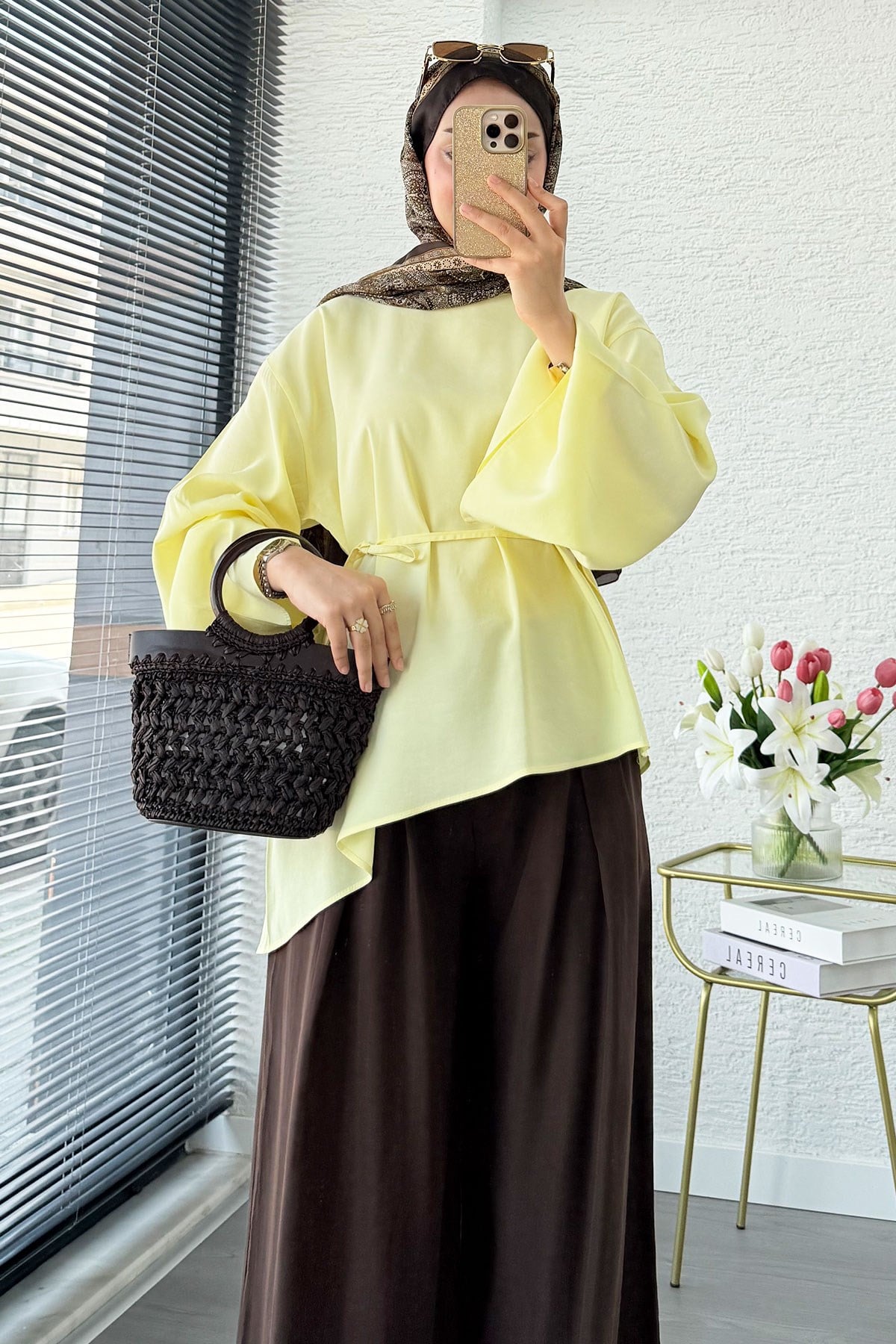 Asimetrik Kesim Volan Kol Modal Bluz – Sarı