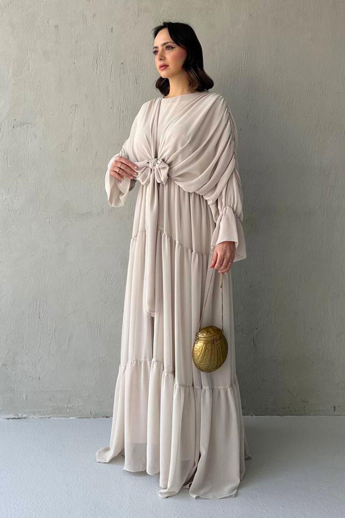 Ayza Şifon Abaya Takım-Bej