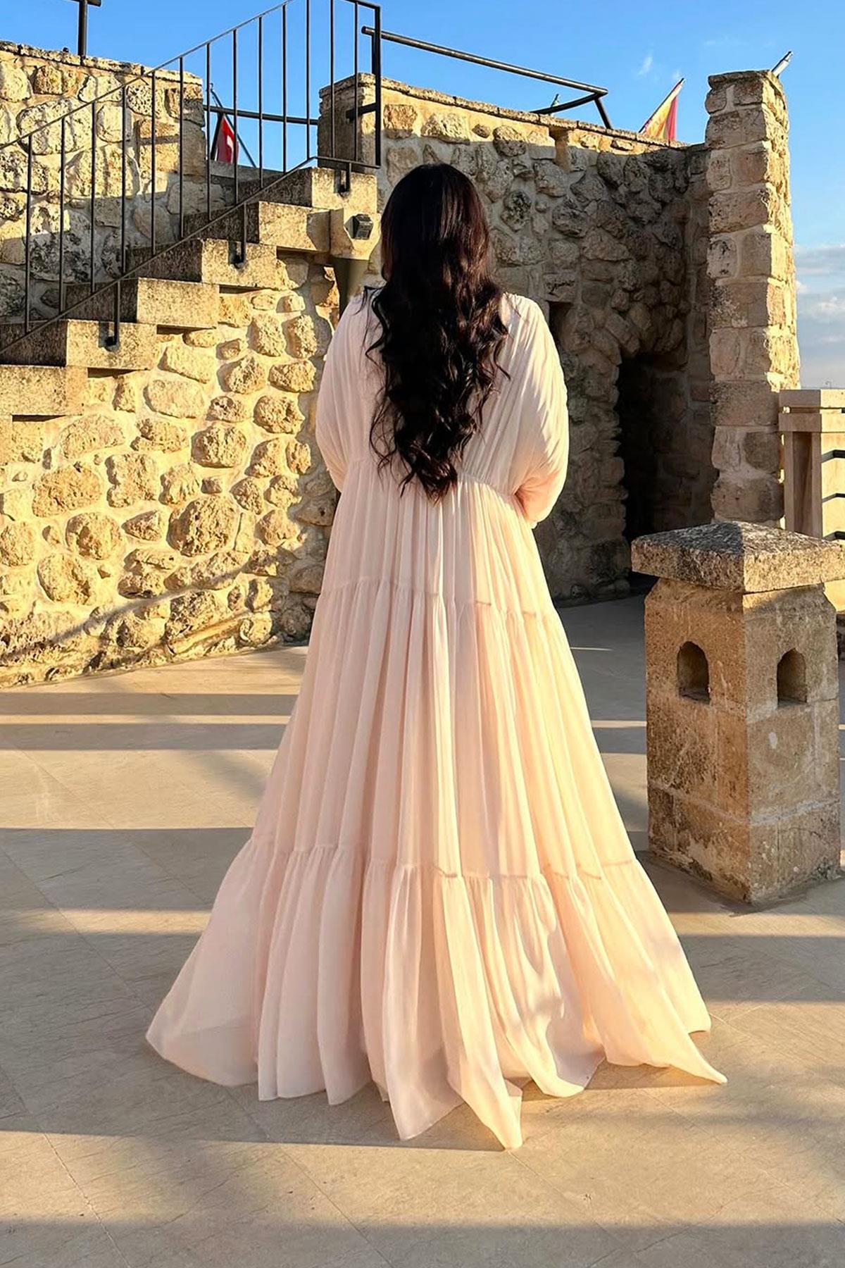 Ayza Şifon Abaya Takım-Bej