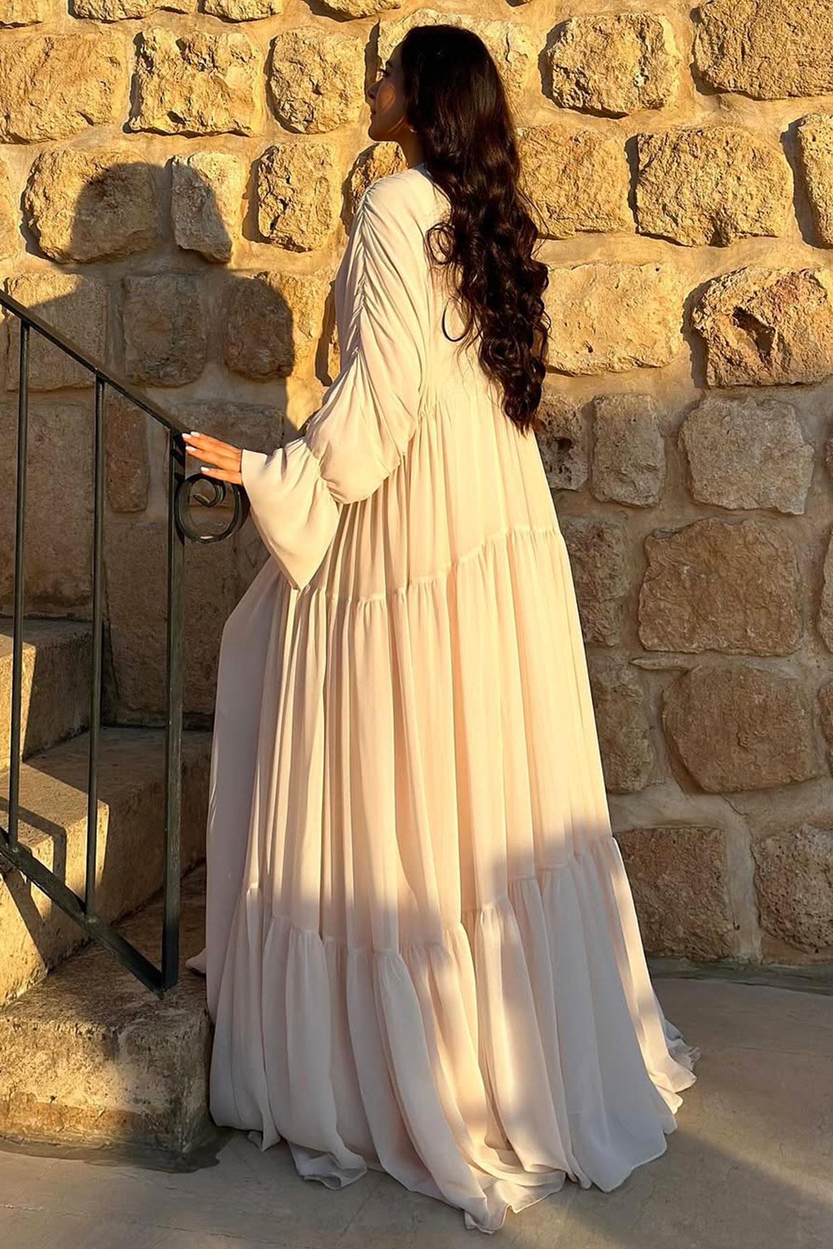 Ayza Şifon Abaya Takım-Bej