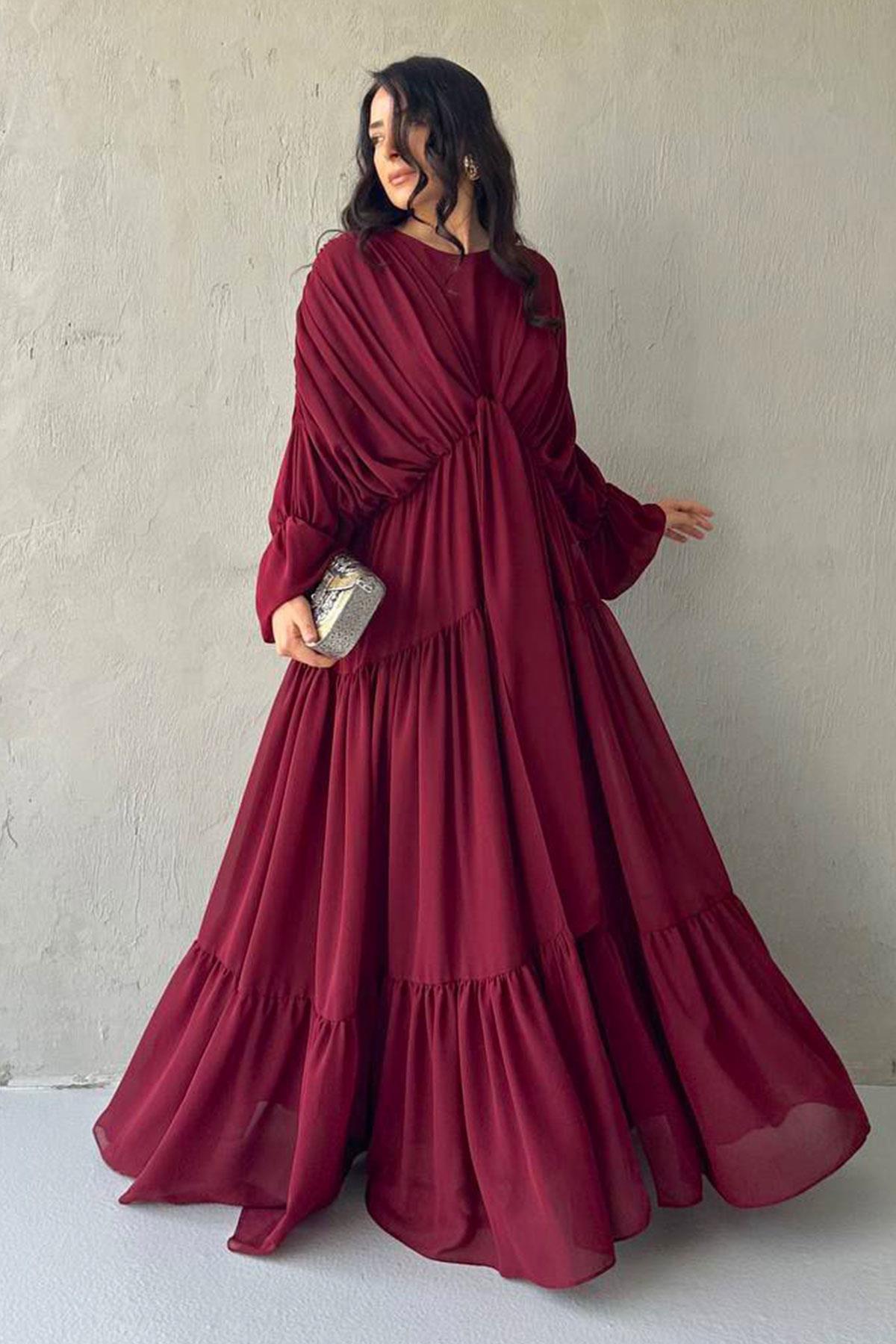 Ayza Şifon Abaya Takım-Bordo