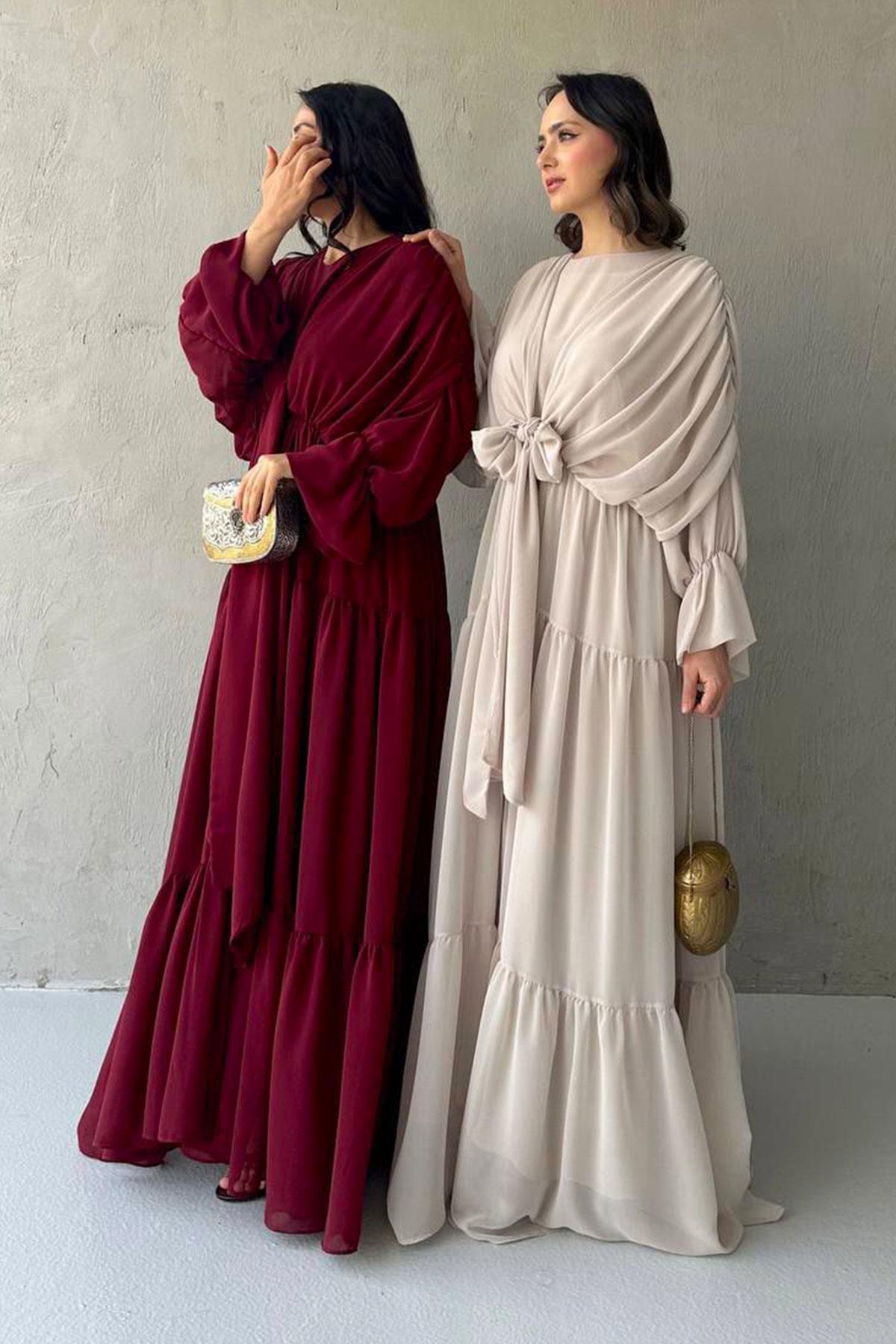 Ayza Şifon Abaya Takım-Bordo