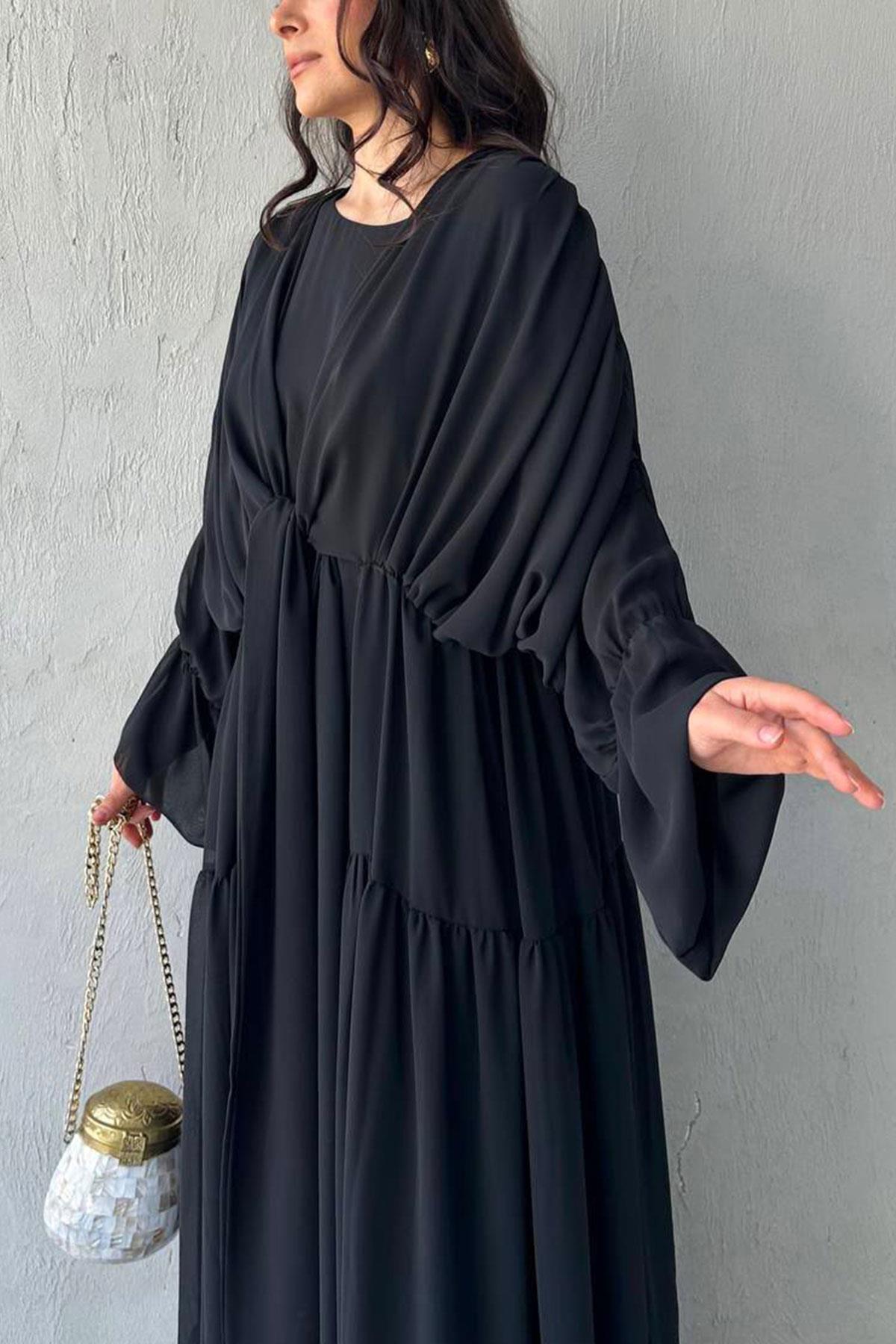 Ayza Şifon Abaya Takım Siyah