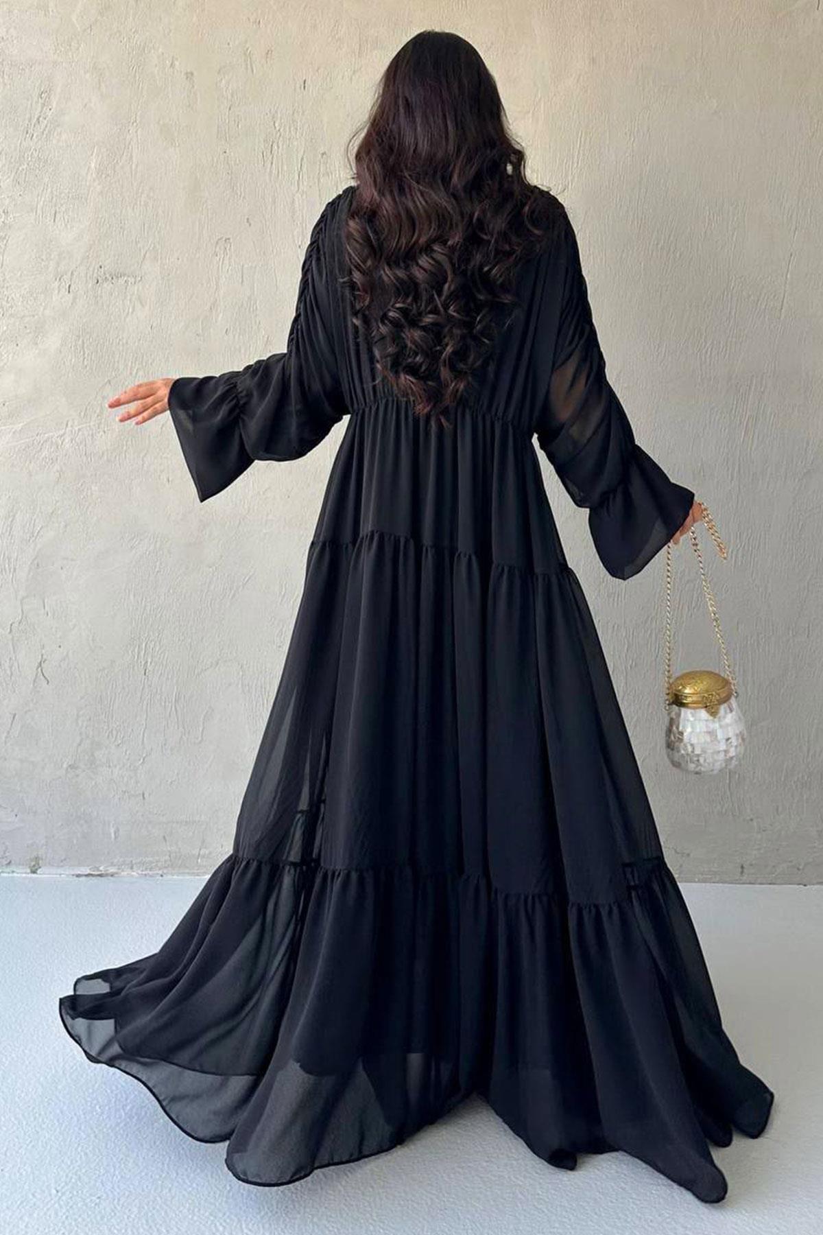 Ayza Şifon Abaya Takım Siyah