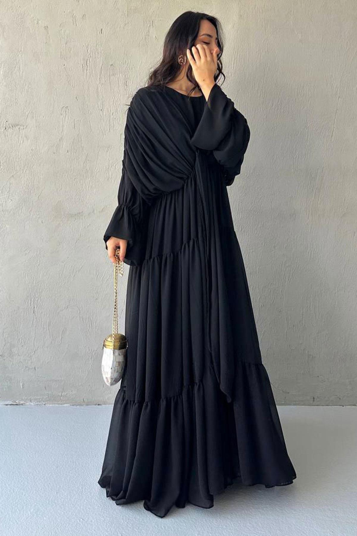 Ayza Şifon Abaya Takım Siyah