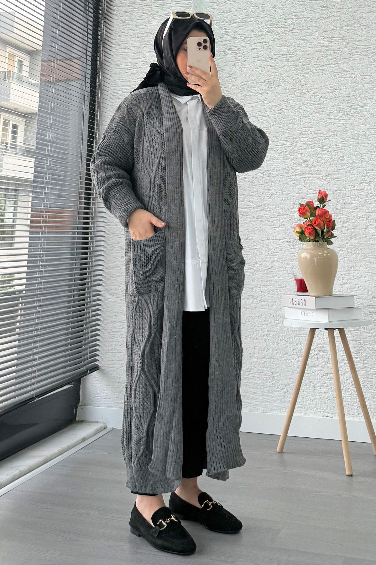 Baklava Desen Uzun Triko Kadın Hırka – Antrasit