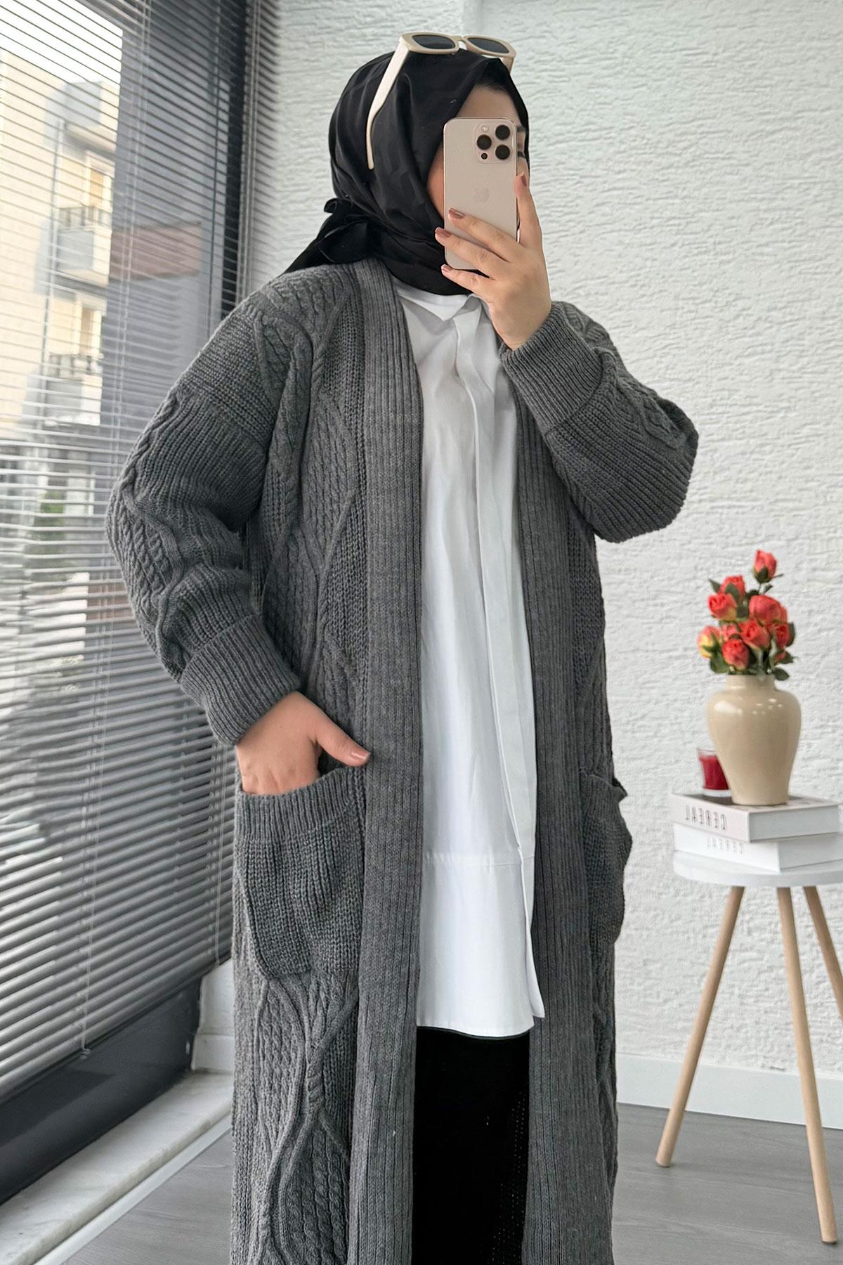 Baklava Desen Uzun Triko Kadın Hırka – Antrasit