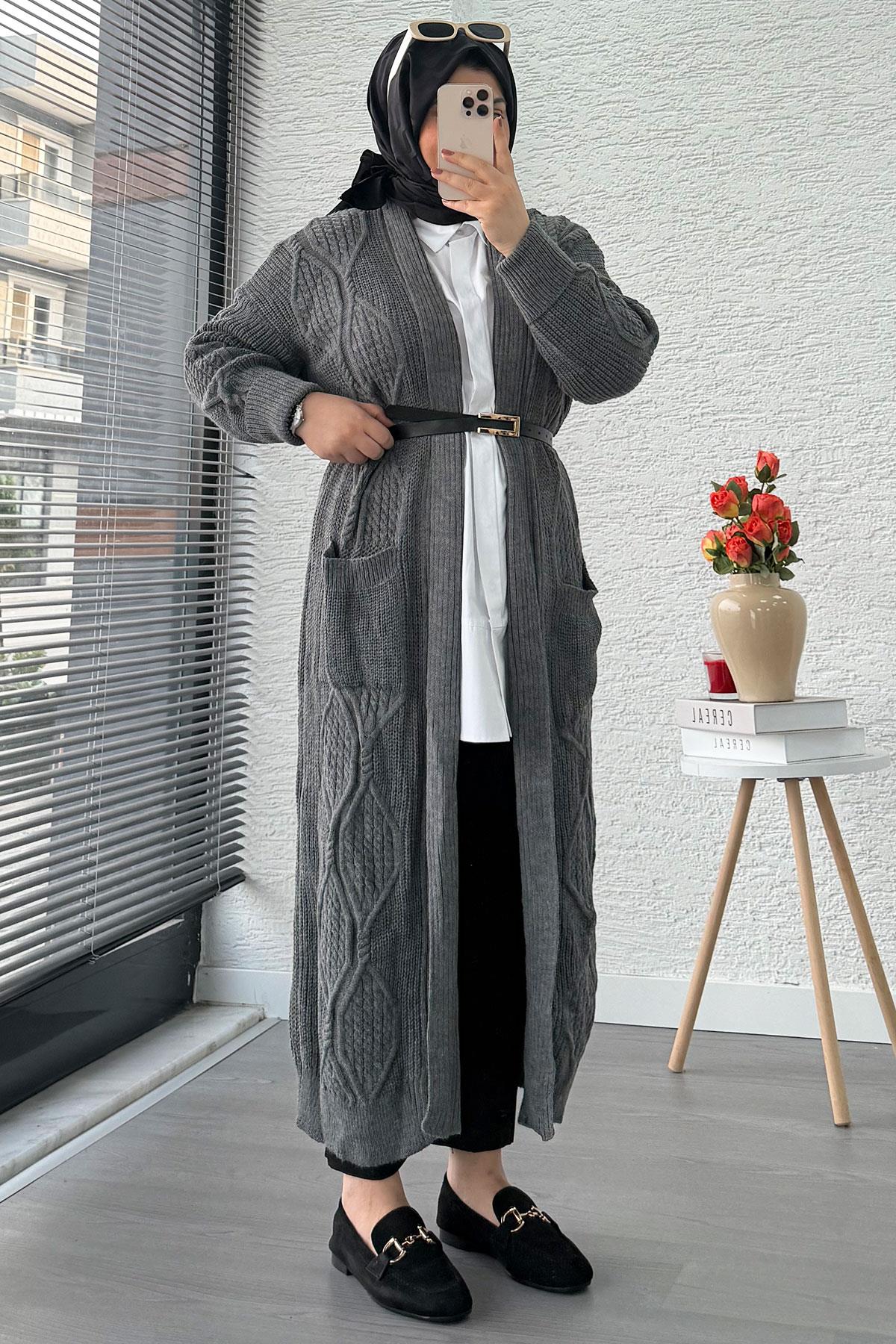 Baklava Desen Uzun Triko Kadın Hırka – Antrasit