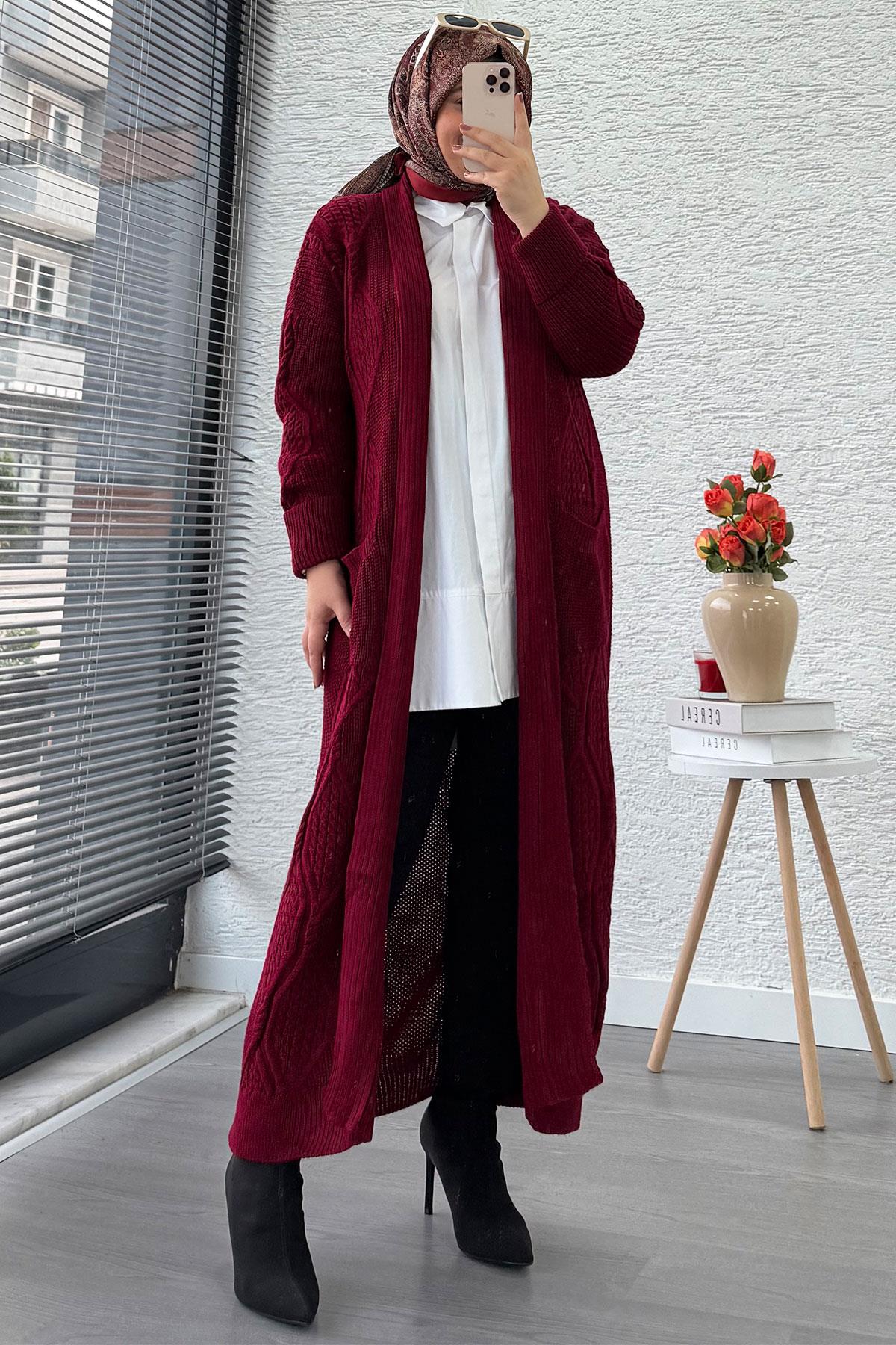 Baklava Desen Uzun Triko Kadın Hırka – Bordo