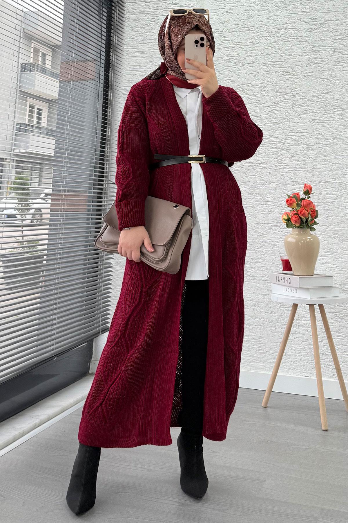 Baklava Desen Uzun Triko Kadın Hırka – Bordo