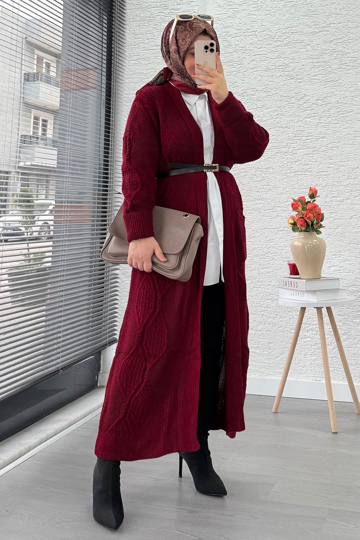 Baklava Desen Uzun Triko Kadın Hırka – Bordo