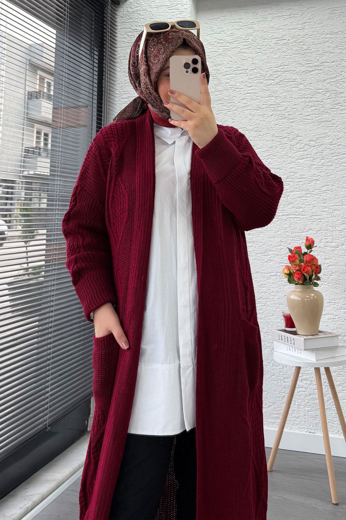 Baklava Desen Uzun Triko Kadın Hırka – Bordo