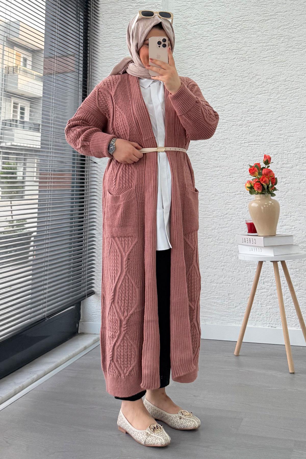 Baklava Desen Uzun Triko Kadın Hırka – Gül Kurusu