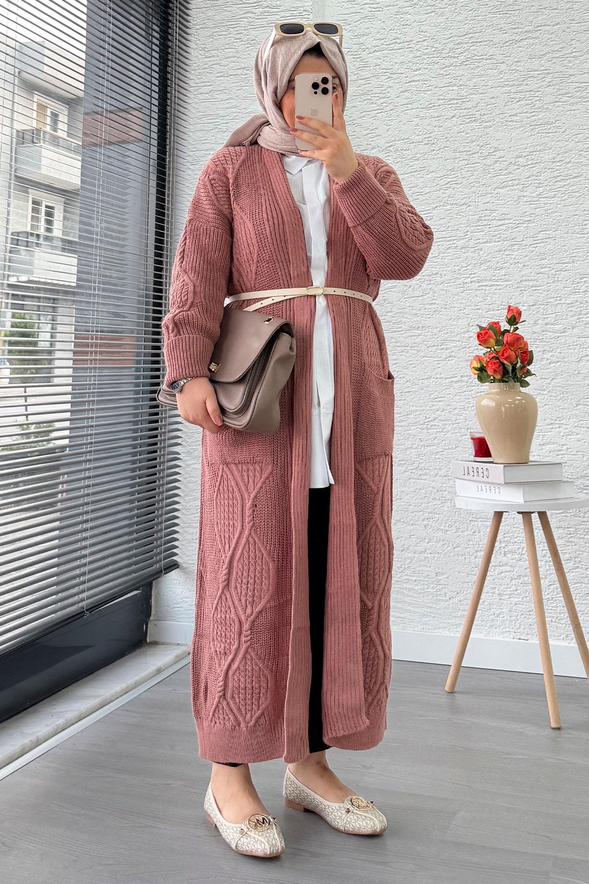 Baklava Desen Uzun Triko Kadın Hırka – Gül Kurusu