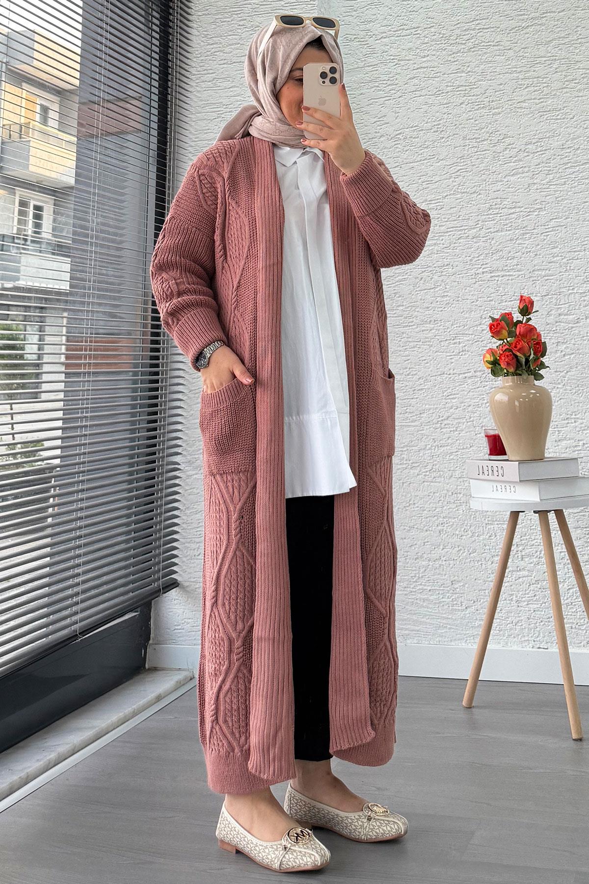 Baklava Desen Uzun Triko Kadın Hırka – Gül Kurusu