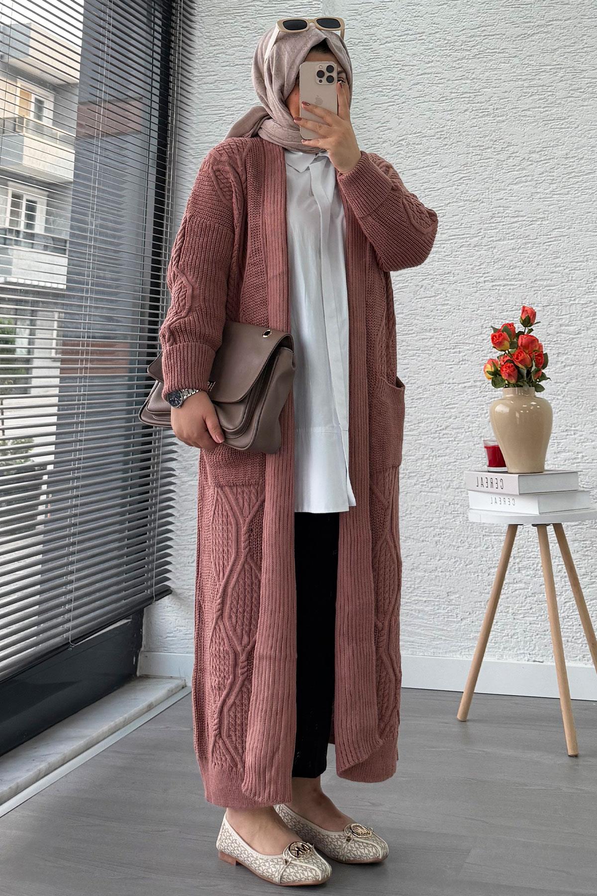 Baklava Desen Uzun Triko Kadın Hırka – Gül Kurusu