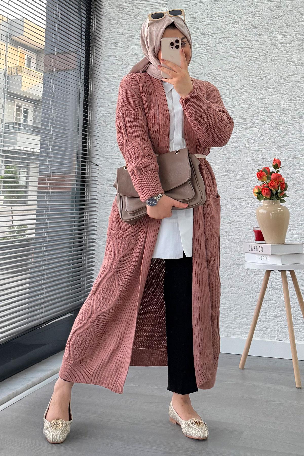 Baklava Desen Uzun Triko Kadın Hırka – Gül Kurusu