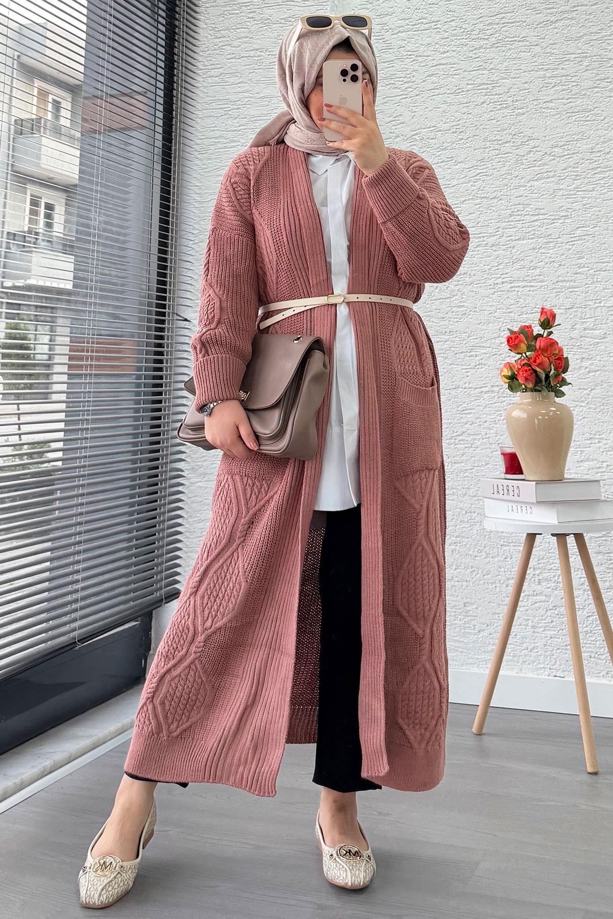 Baklava Desen Uzun Triko Kadın Hırka – Gül Kurusu