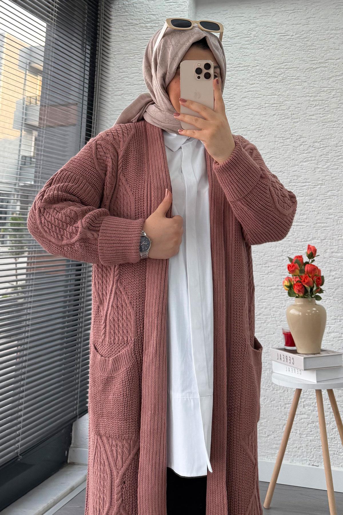 Baklava Desen Uzun Triko Kadın Hırka – Gül Kurusu