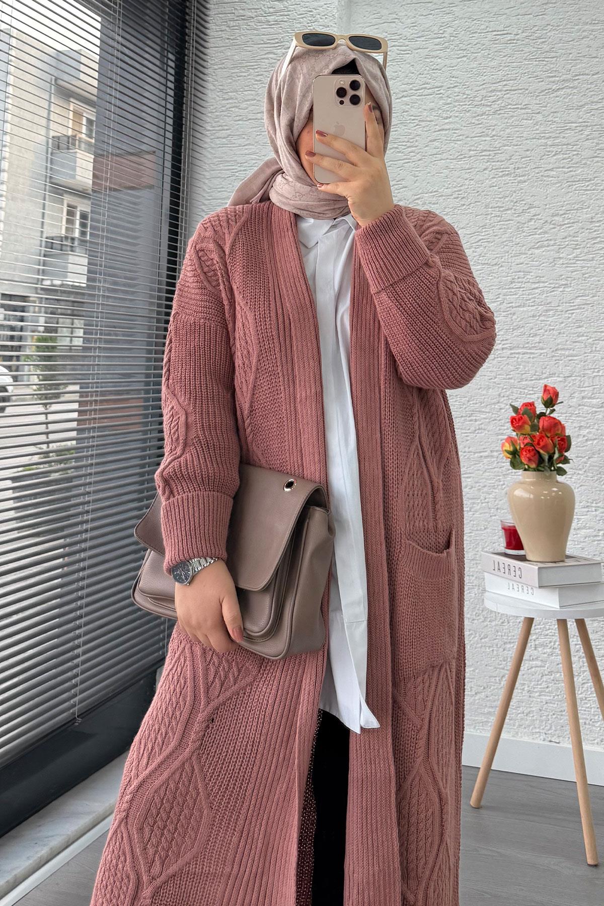 Baklava Desen Uzun Triko Kadın Hırka – Gül Kurusu