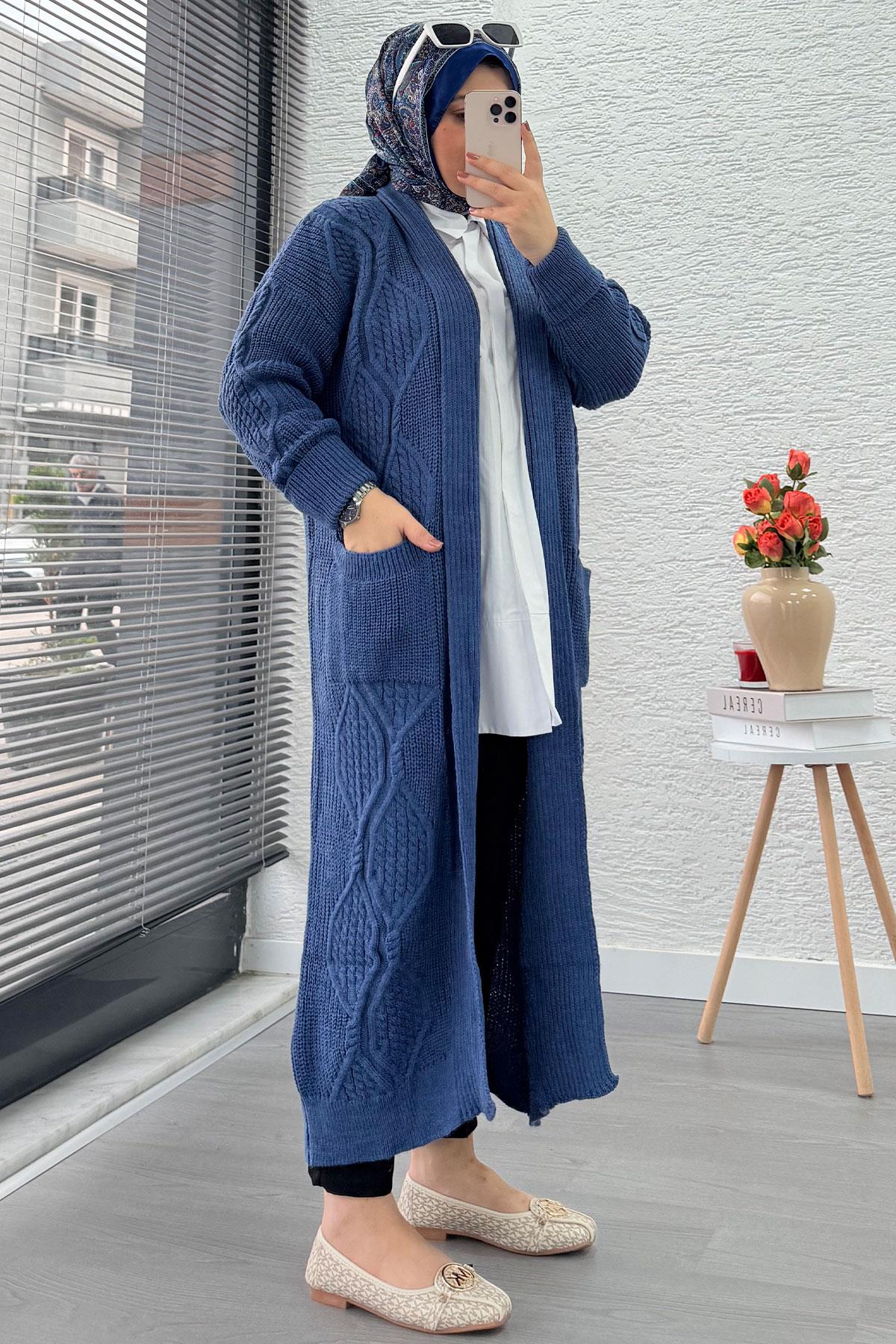 Baklava Desen Uzun Triko Kadın Hırka – İndigo