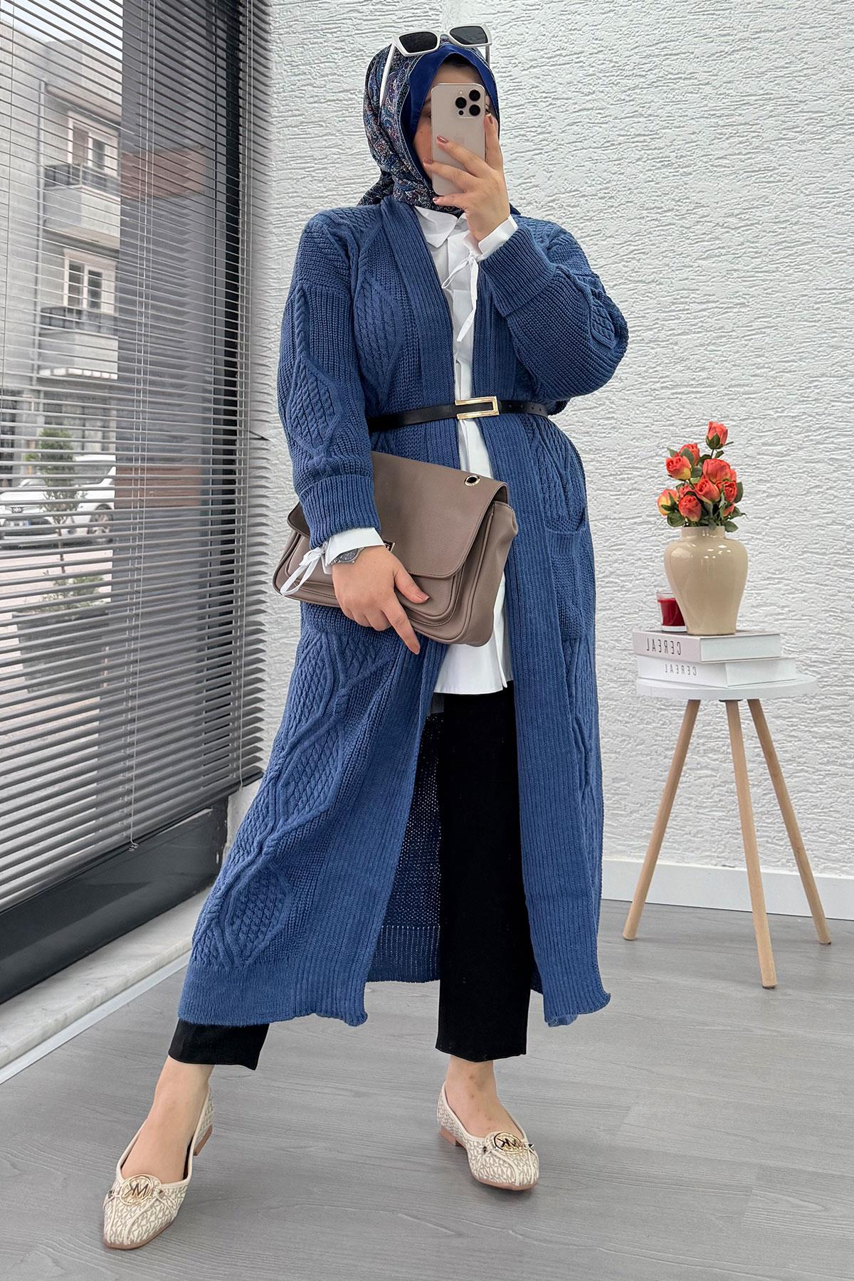 Baklava Desen Uzun Triko Kadın Hırka – İndigo