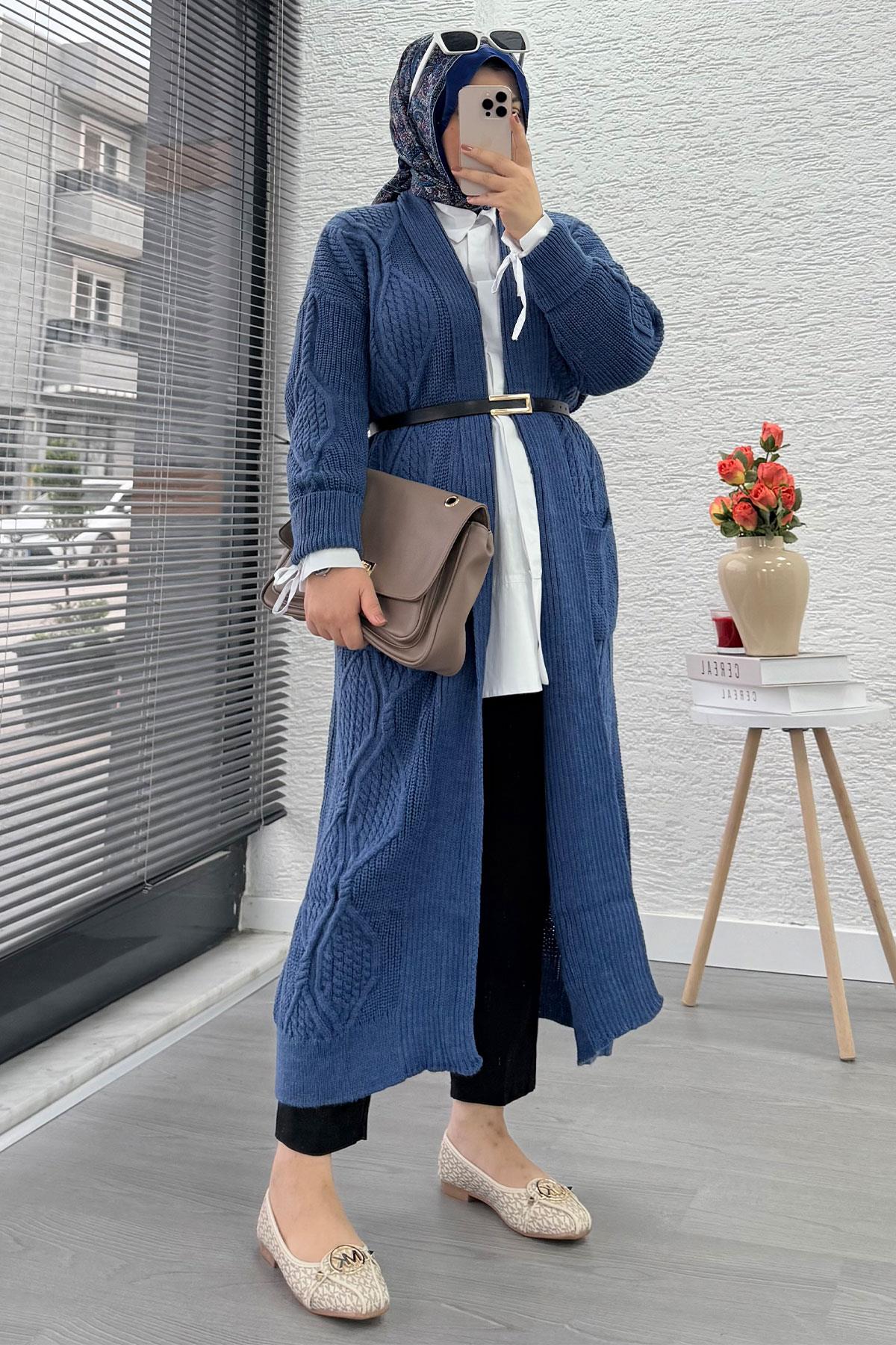 Baklava Desen Uzun Triko Kadın Hırka – İndigo