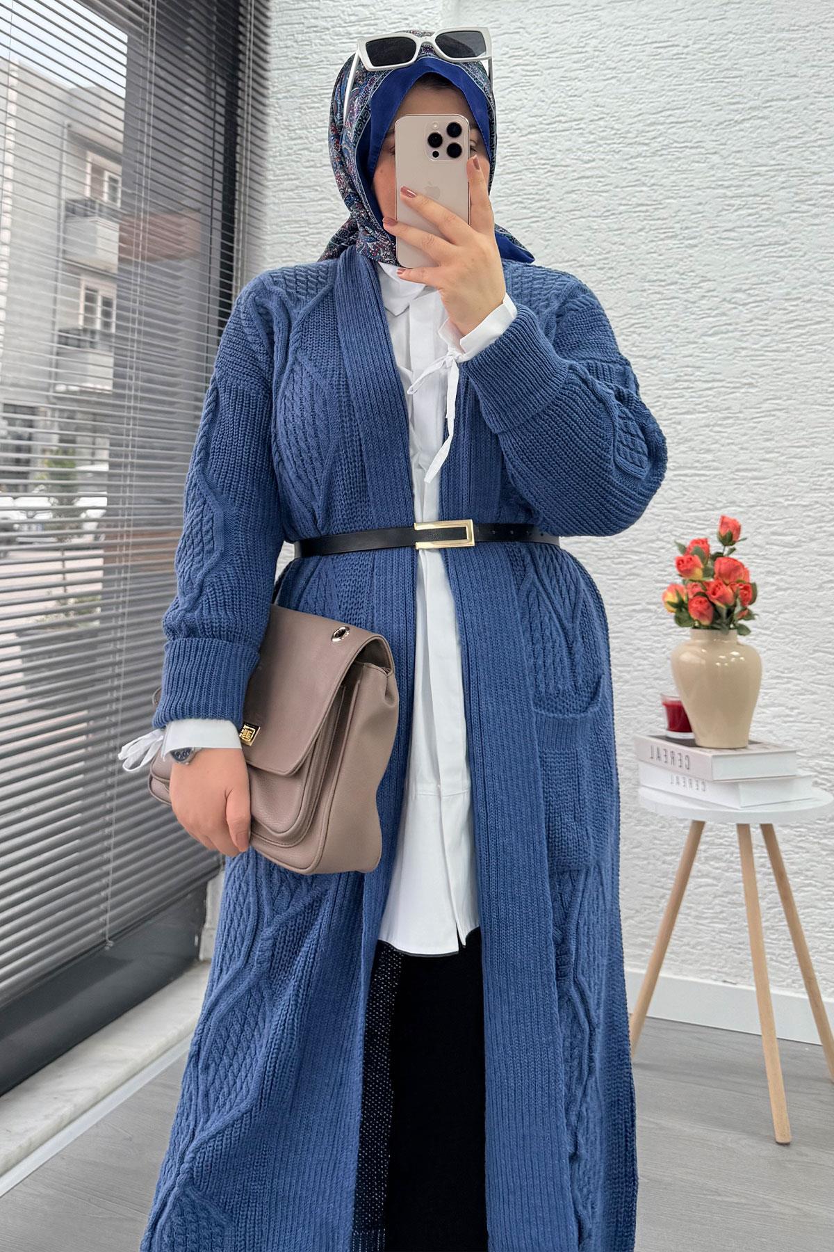 Baklava Desen Uzun Triko Kadın Hırka – İndigo