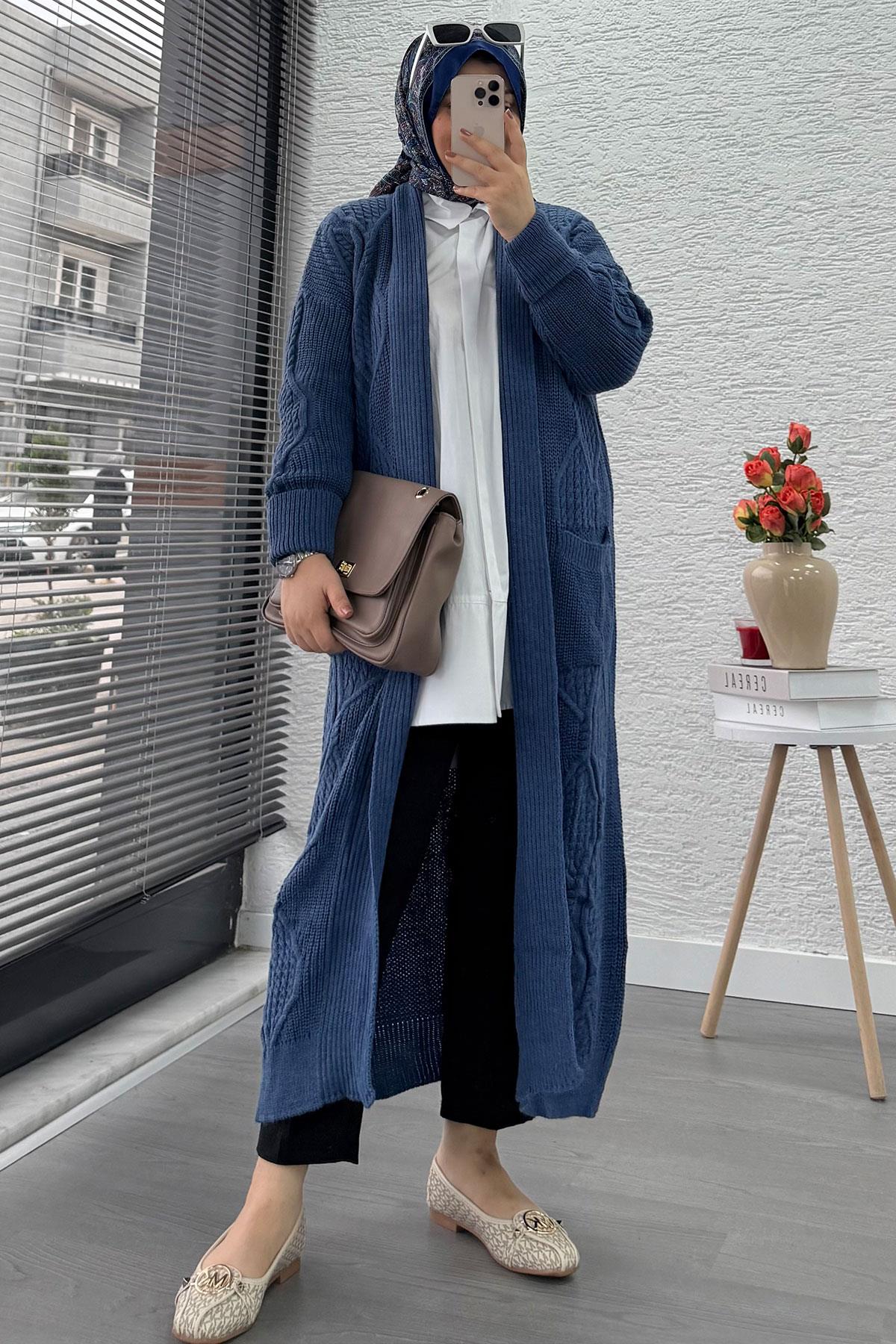 Baklava Desen Uzun Triko Kadın Hırka – İndigo