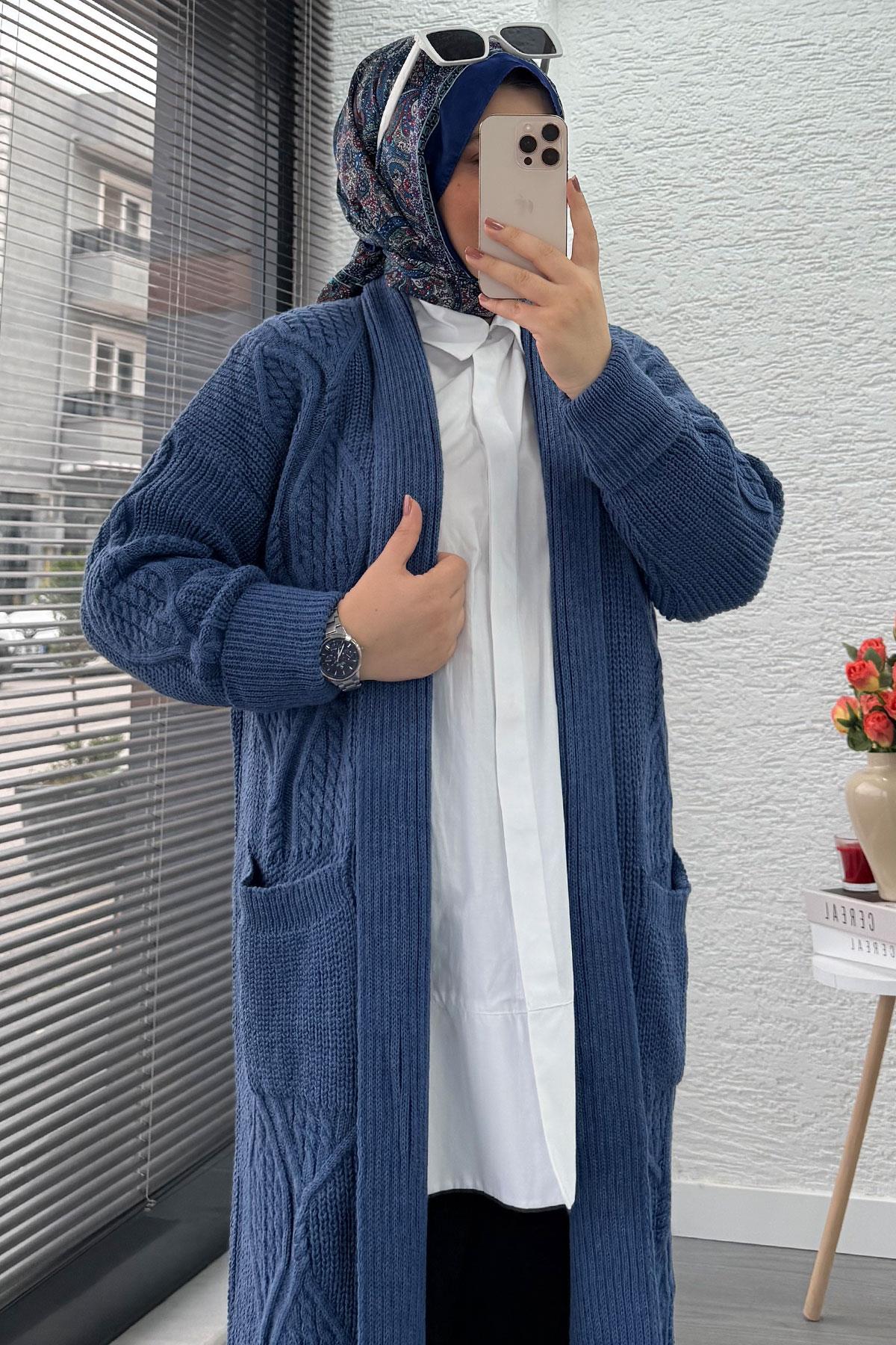 Baklava Desen Uzun Triko Kadın Hırka – İndigo