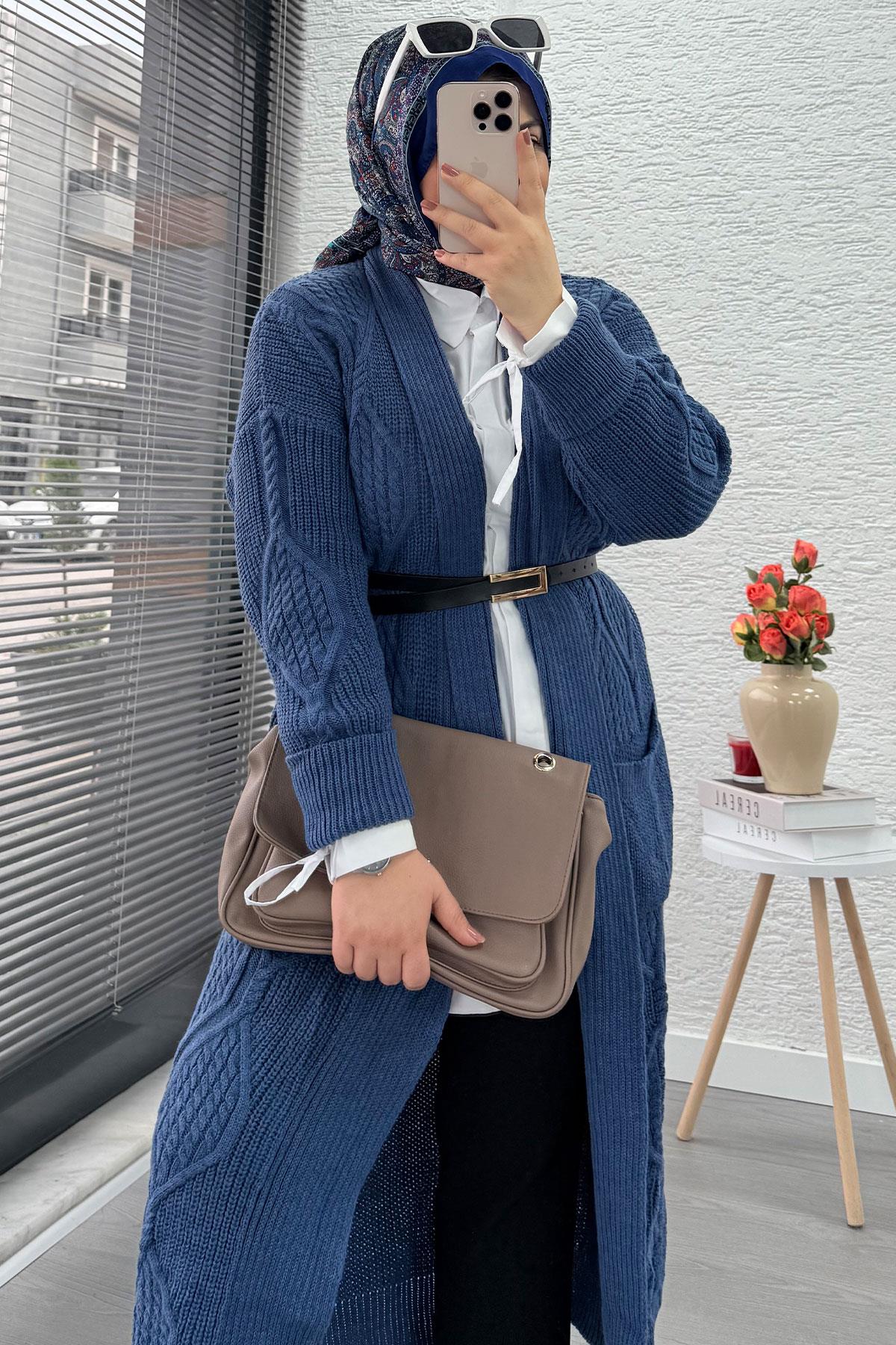 Baklava Desen Uzun Triko Kadın Hırka – İndigo