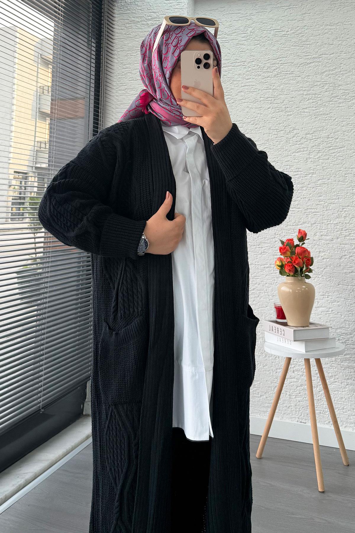 Baklava Desen Uzun Triko Kadın Hırka – Lacivert