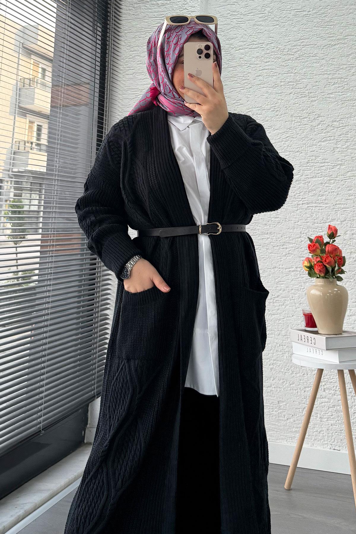 Baklava Desen Uzun Triko Kadın Hırka – Lacivert