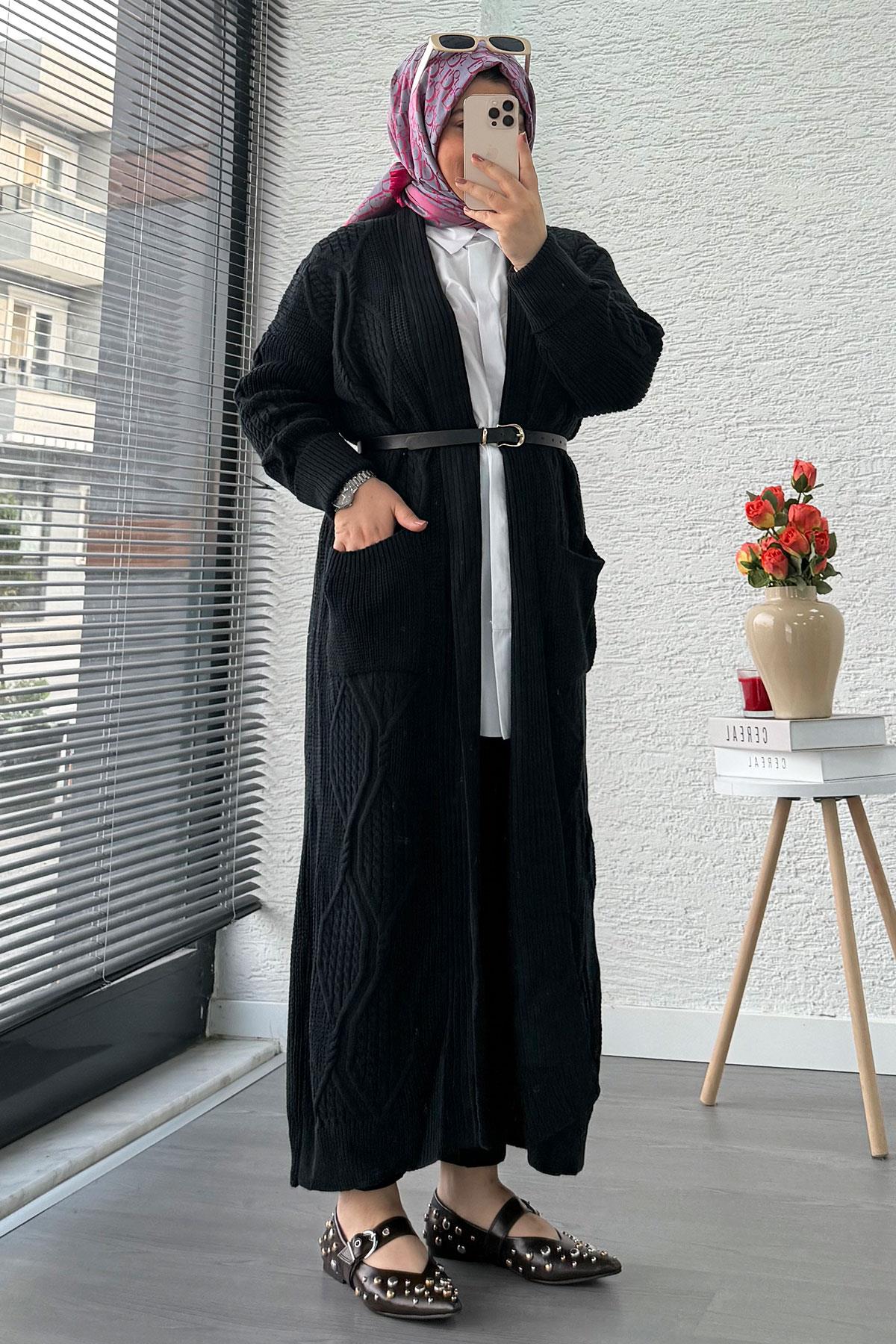 Baklava Desen Uzun Triko Kadın Hırka – Lacivert