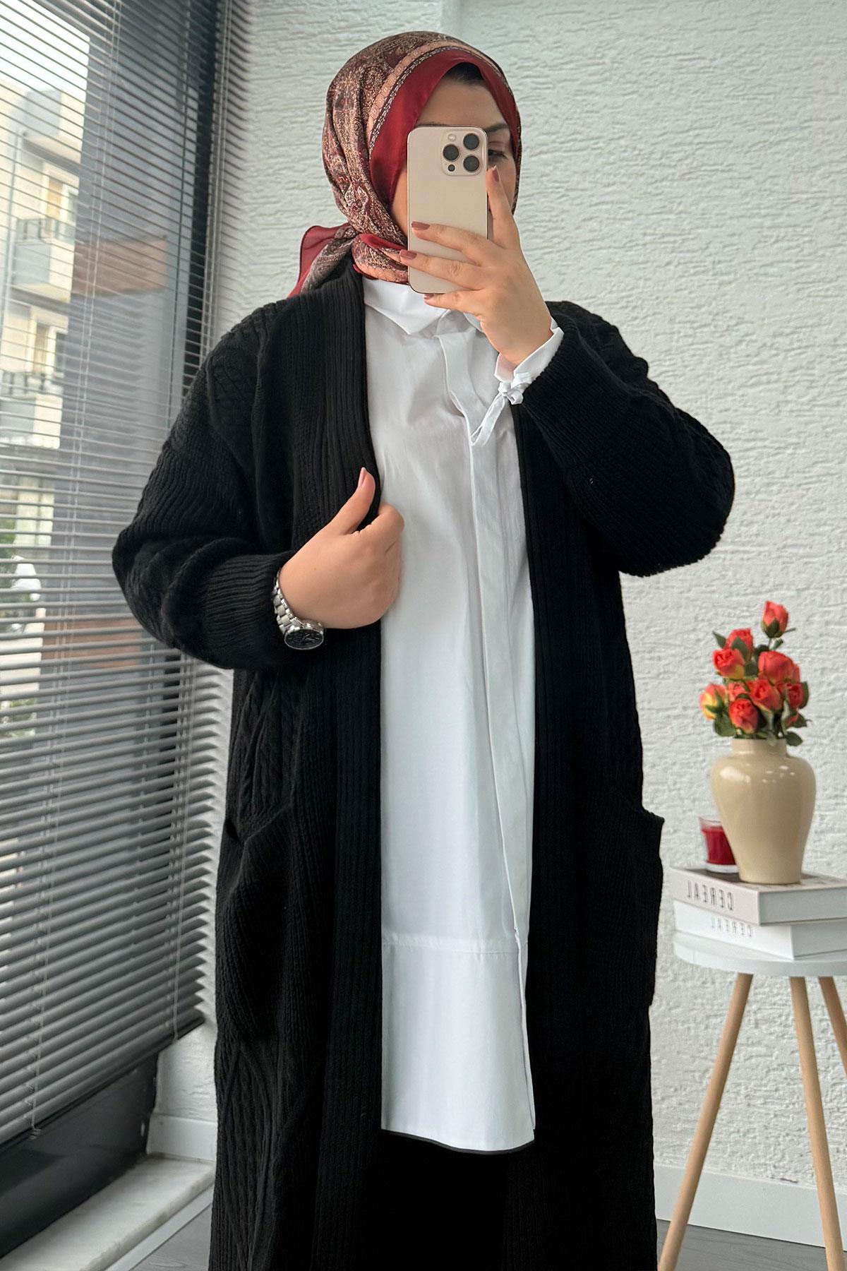 Baklava Desen Uzun Triko Kadın Hırka – Siyah