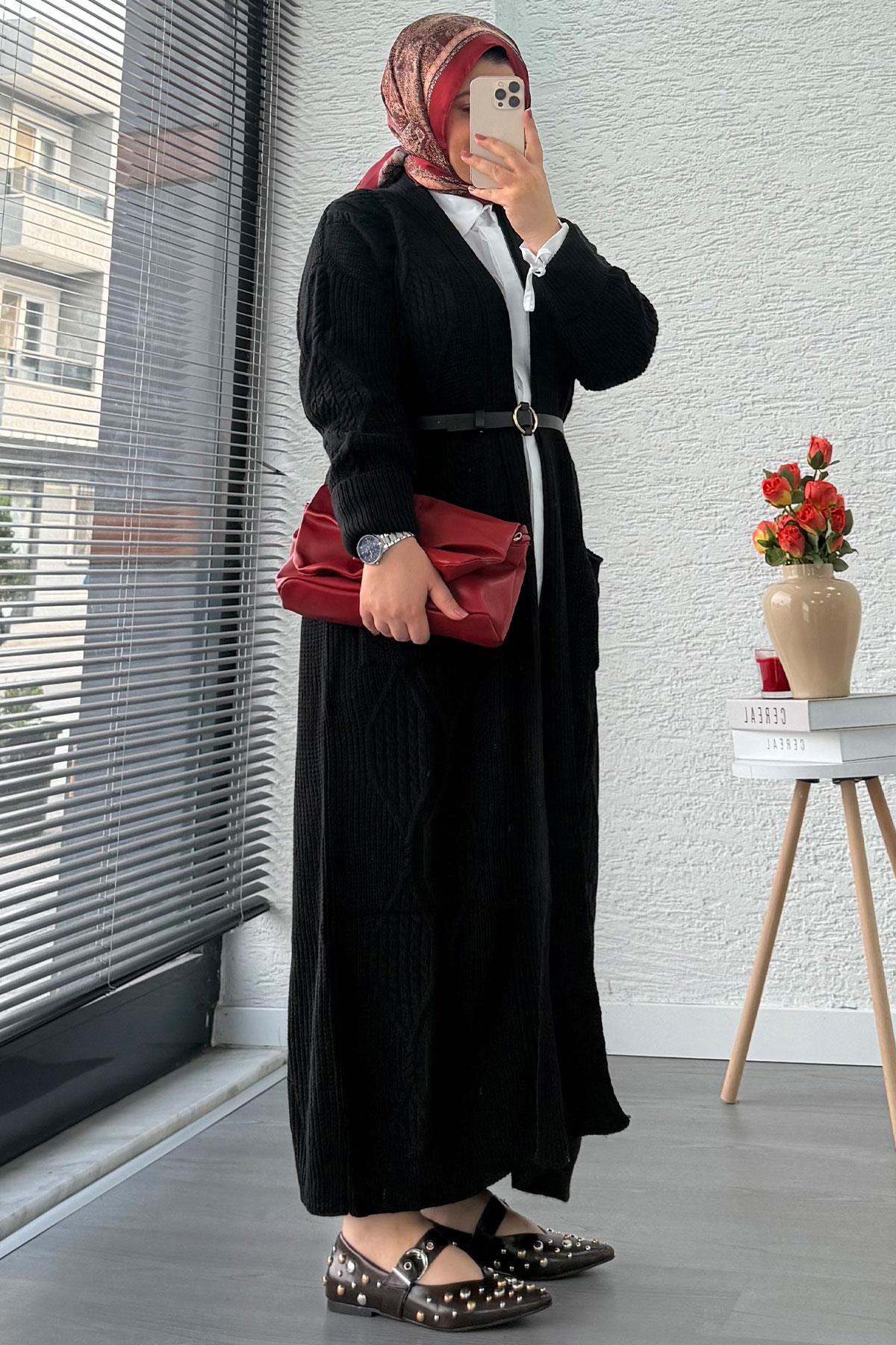 Baklava Desen Uzun Triko Kadın Hırka – Siyah