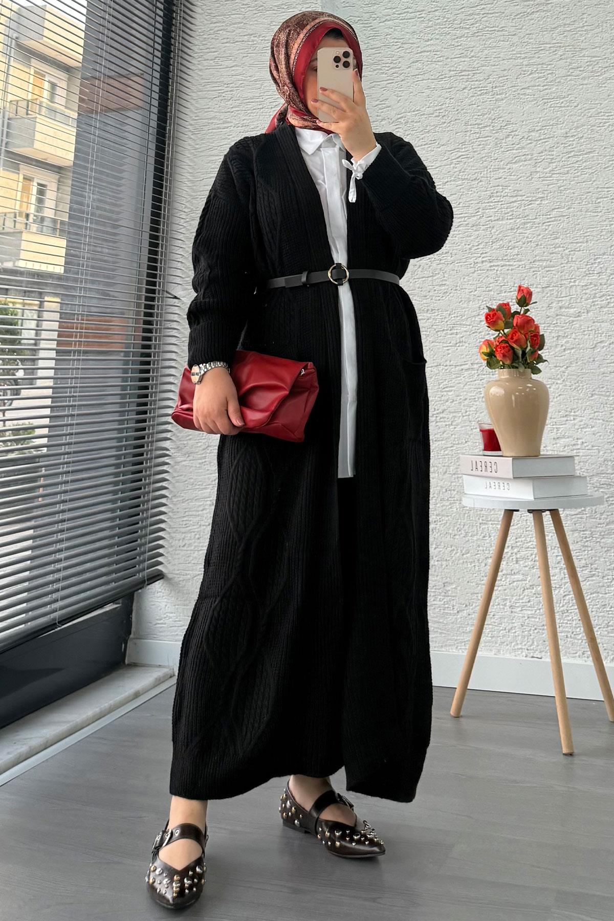 Baklava Desen Uzun Triko Kadın Hırka – Siyah