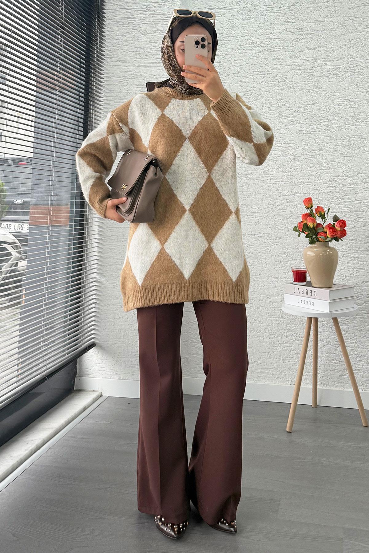 Baklava Desen Yumoş Triko Kadın Kazak – Vizon