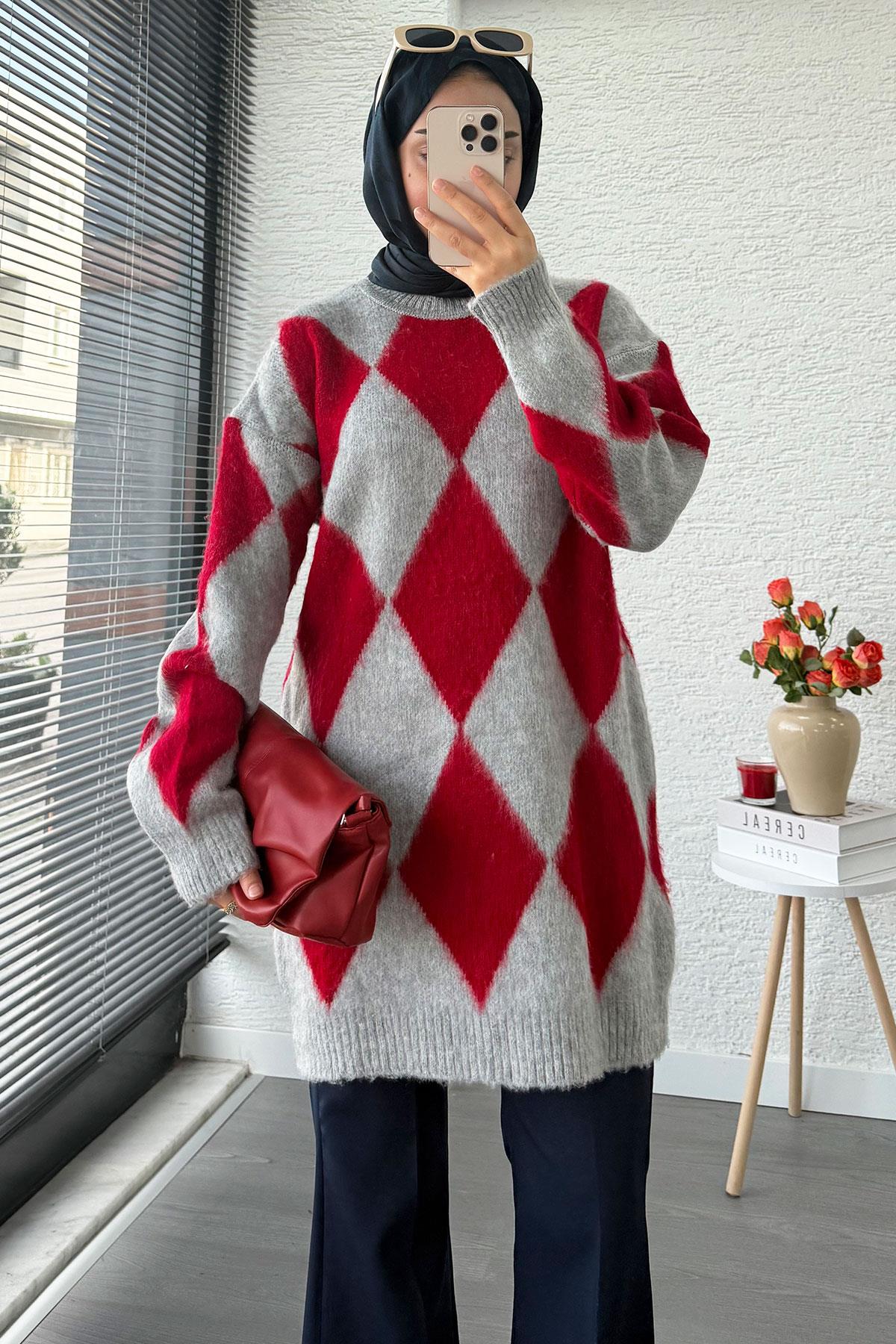 Baklava Desen Yumoş Triko Kadın Kazak – Kırmızı