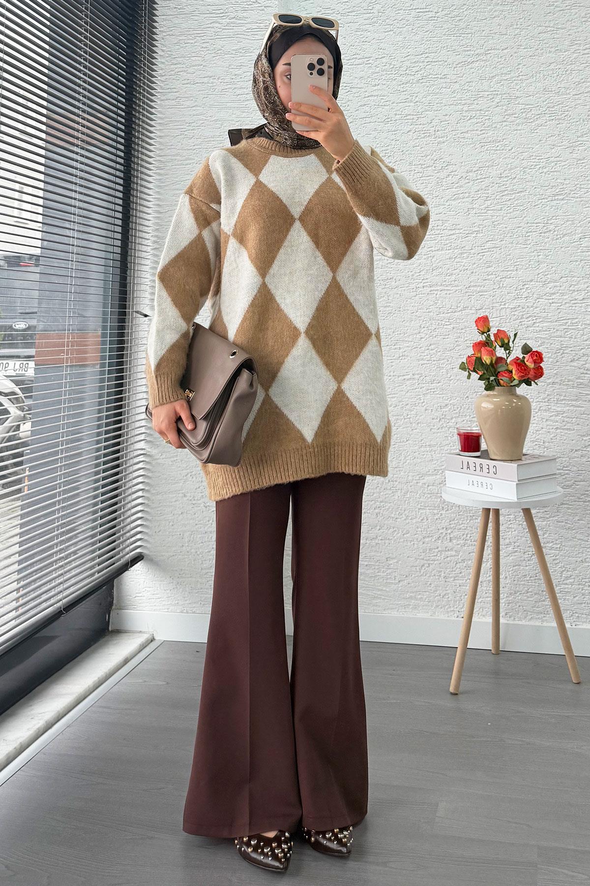 Baklava Desen Yumoş Triko Kadın Kazak – Vizon