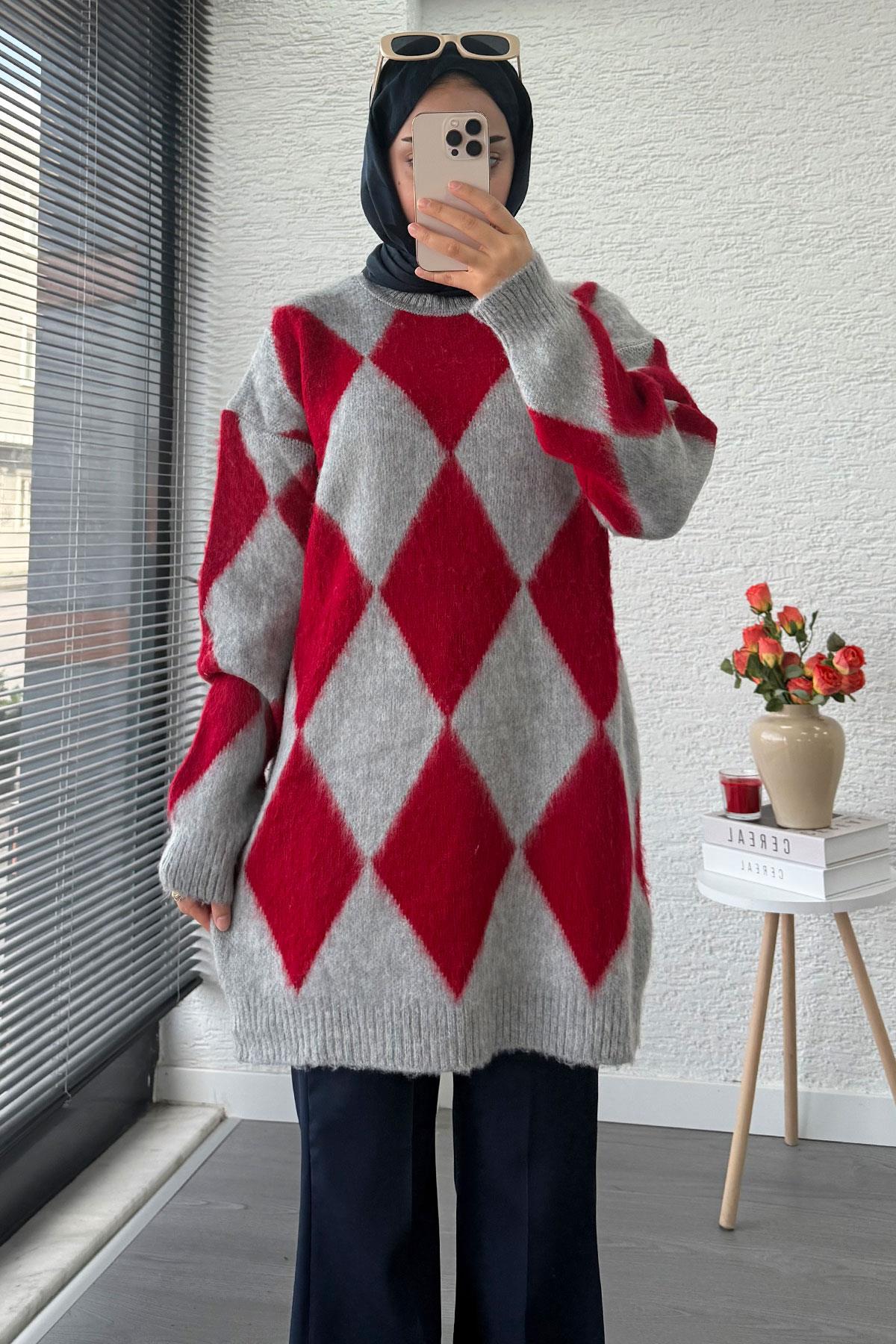 Baklava Desen Yumoş Triko Kadın Kazak – Kırmızı