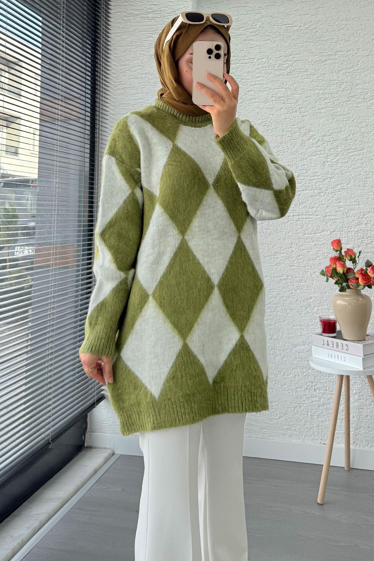 Baklava Desen Yumoş Triko Kadın Kazak – Yeşil