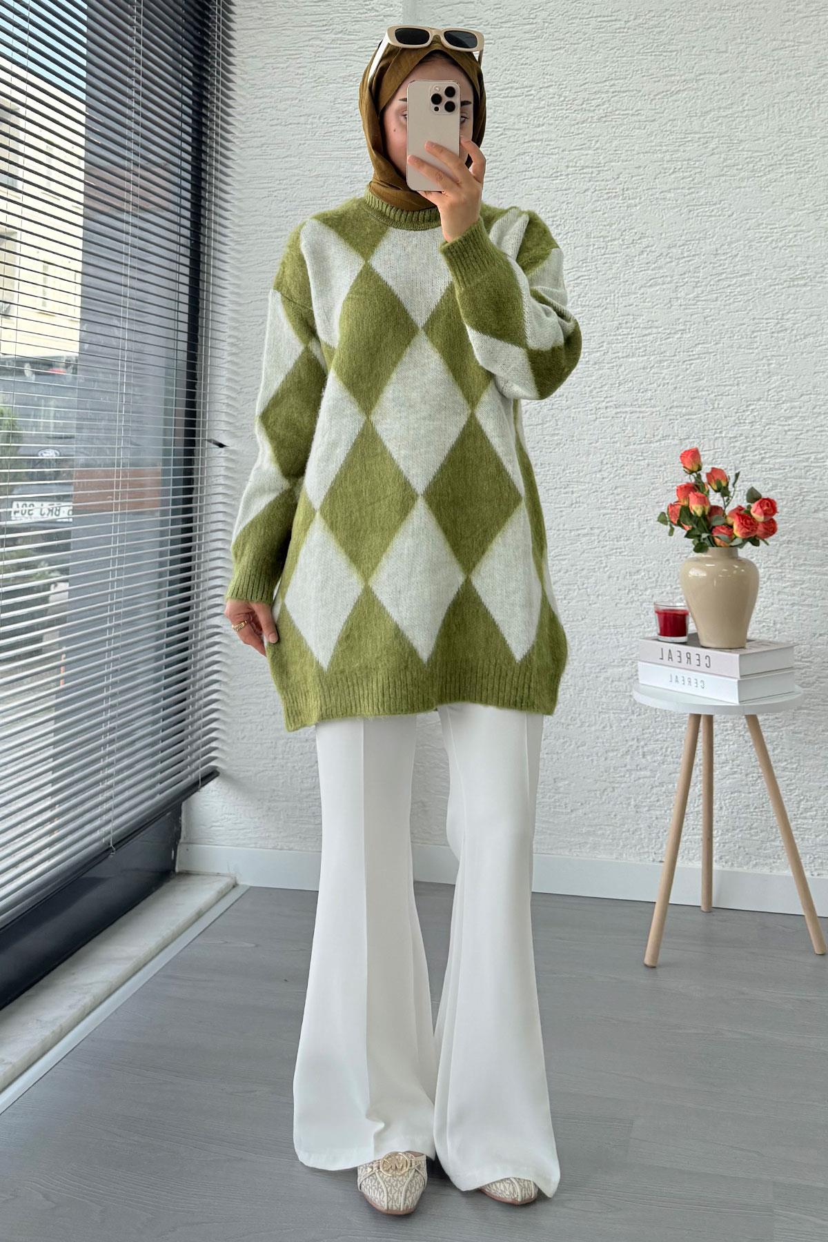 Baklava Desen Yumoş Triko Kadın Kazak – Yeşil